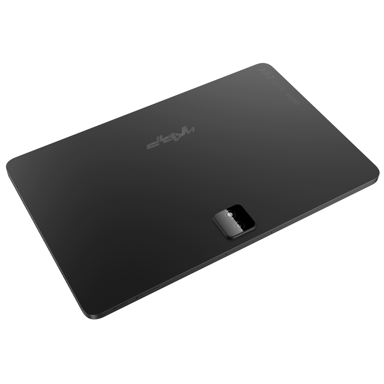 Beyaz zemin üzerinde siyah tablet, arka görünüm, kamera ve logo ile.
