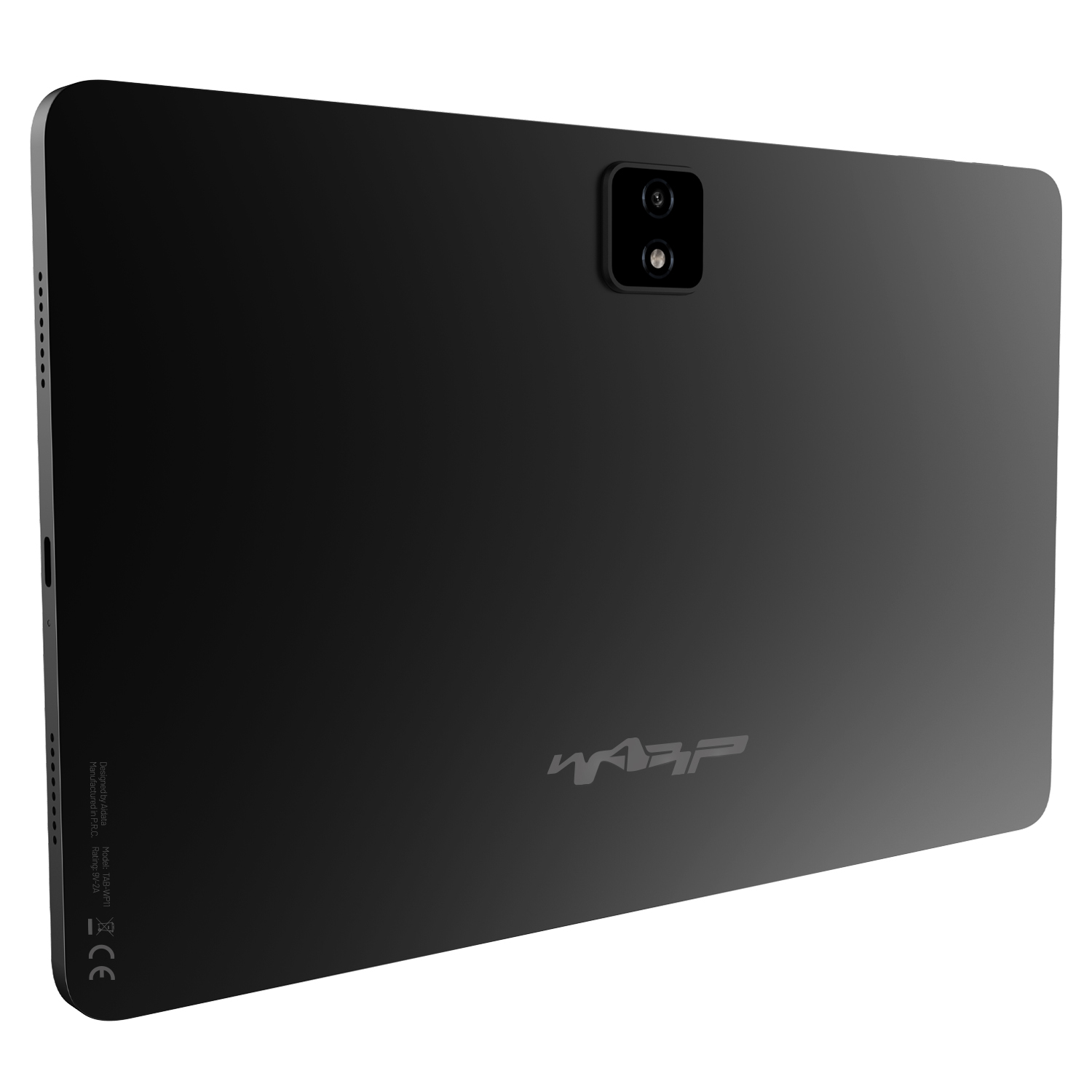 Kamera ve "WARP" logosu ile siyah tablet arkası. Yüzeyde bir degrade efekti var.