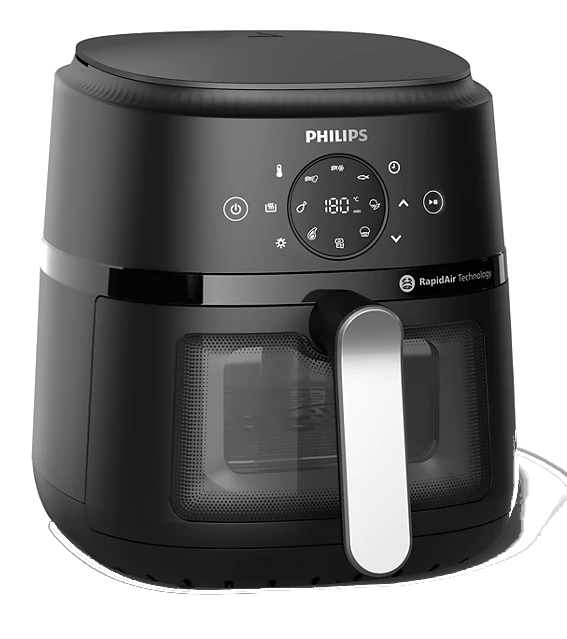 Czarny Airfryer Philips. Ma cyfrowy wyświetlacz i uchwyt. Airfryer stoi na białym tle.
