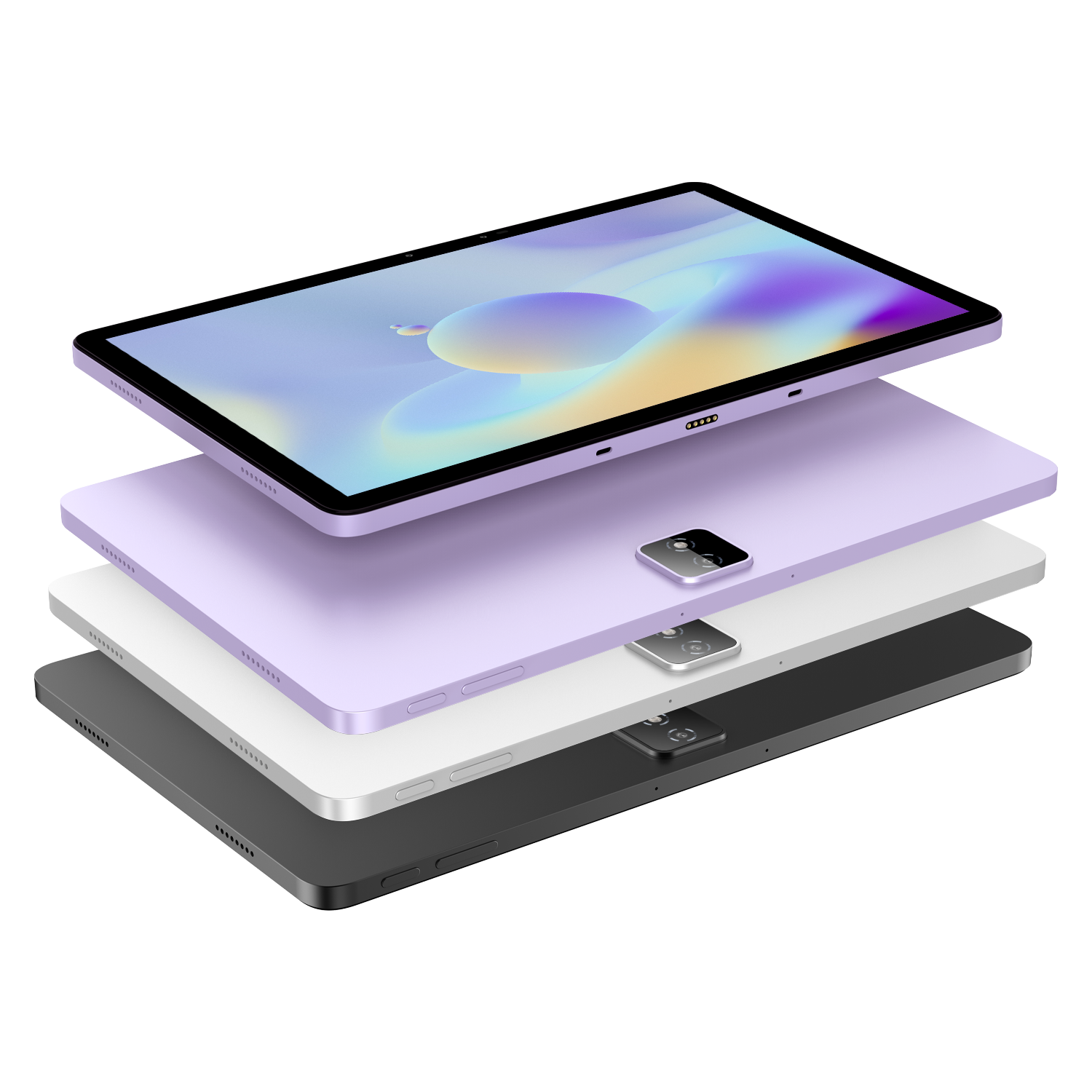Tablet, farklı katmanlar üst üste. Mor, beyaz, gri ve siyah. Kamera ve ekran görünür.