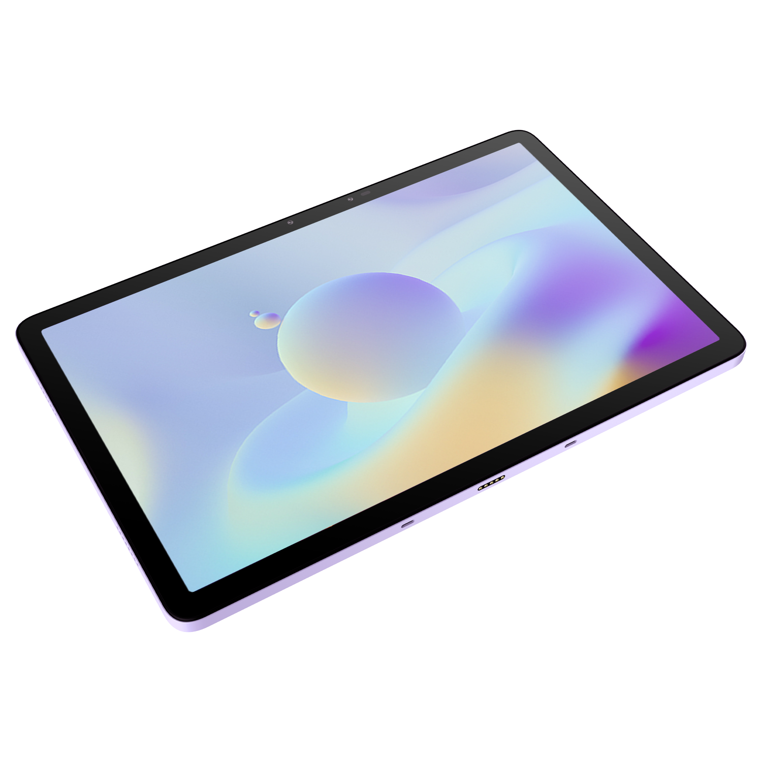 Siyah zemin üzerinde mor bir tablet, ekranda renkli soyut bir tasarımla.