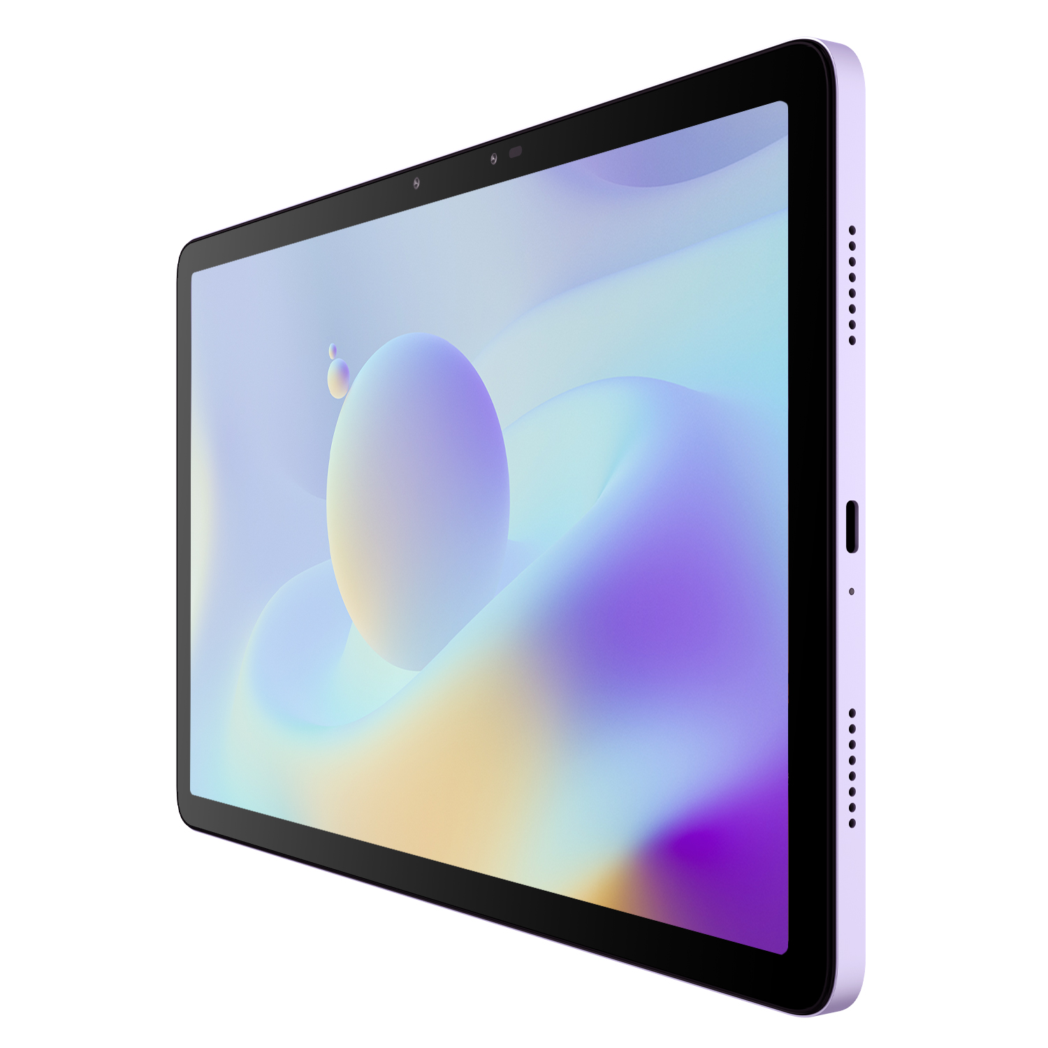 Beyaz zemin üzerinde mor tablet. Ekran, renkli soyut bir tasarım gösteriyor.