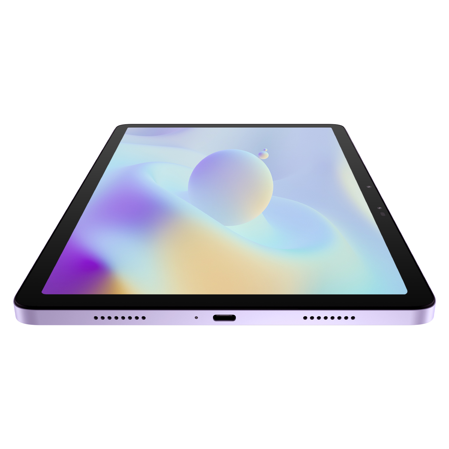 Mor tablet, açılı görünüm, renkli soyut bir arka plan gösteriyor.