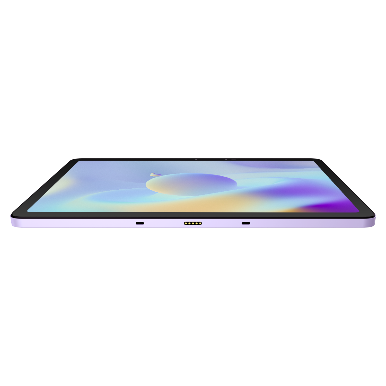 Mor çerçeveli ve ekranda renkli soyut bir görüntüsü olan düz bir tablet.