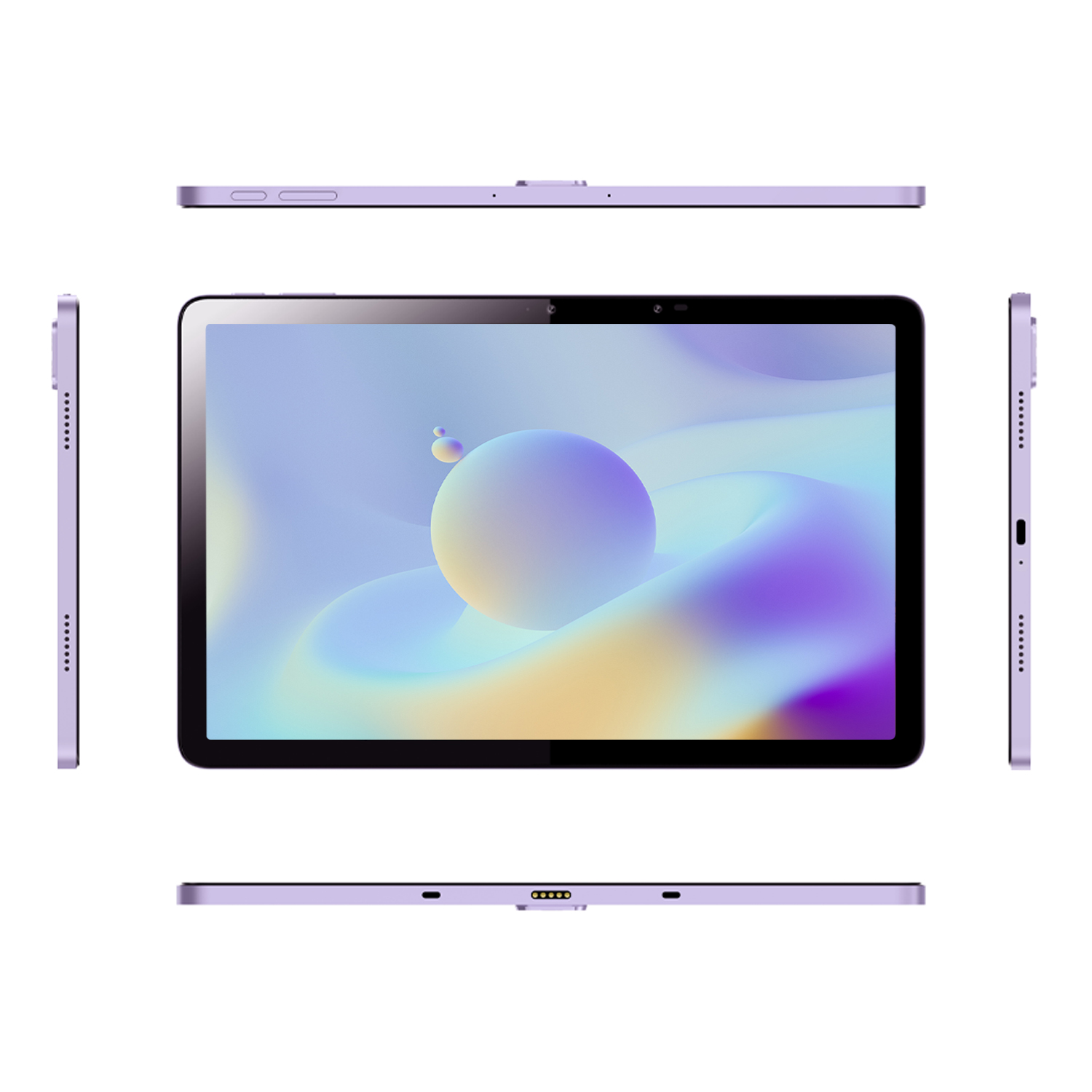 Mor çerçeveli tablet, farklı görünümlerle çevrili: üst, yan, alt.