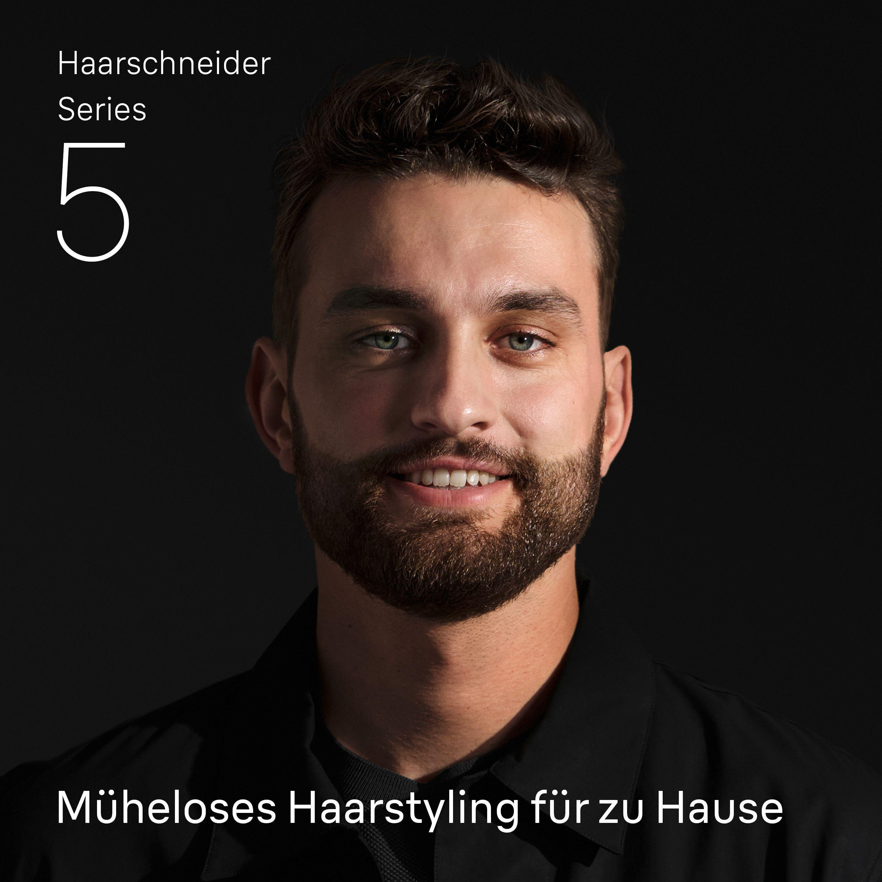 Ein Mann lächelt, Text: Haarschneider Serie 5, müheloses Haarstyling für zu Hause.