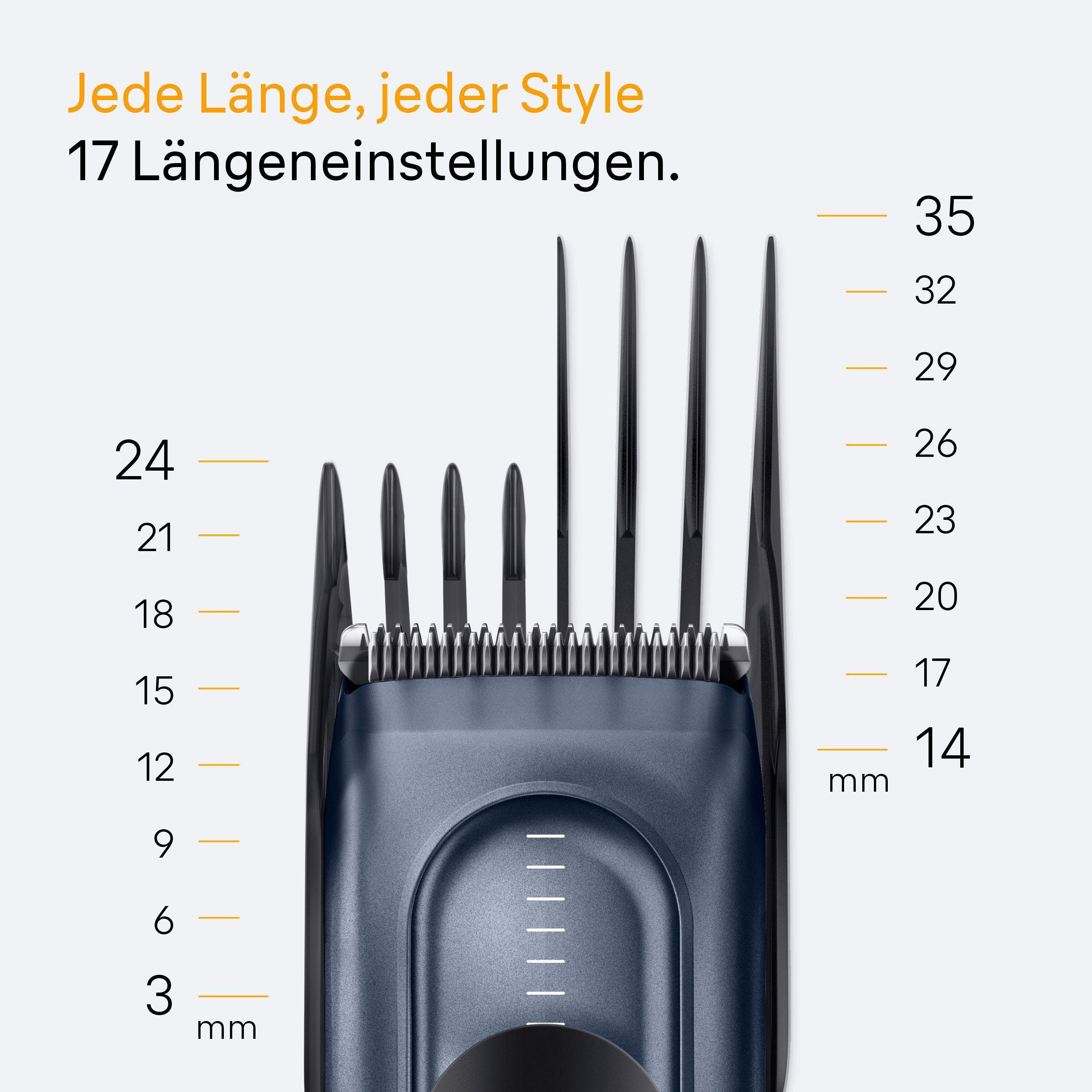 Haarschneidemaschine mit Längeneinstellungen, mit den Zahlen 3 bis 35 mm. Dunkelblauer Clipper.
