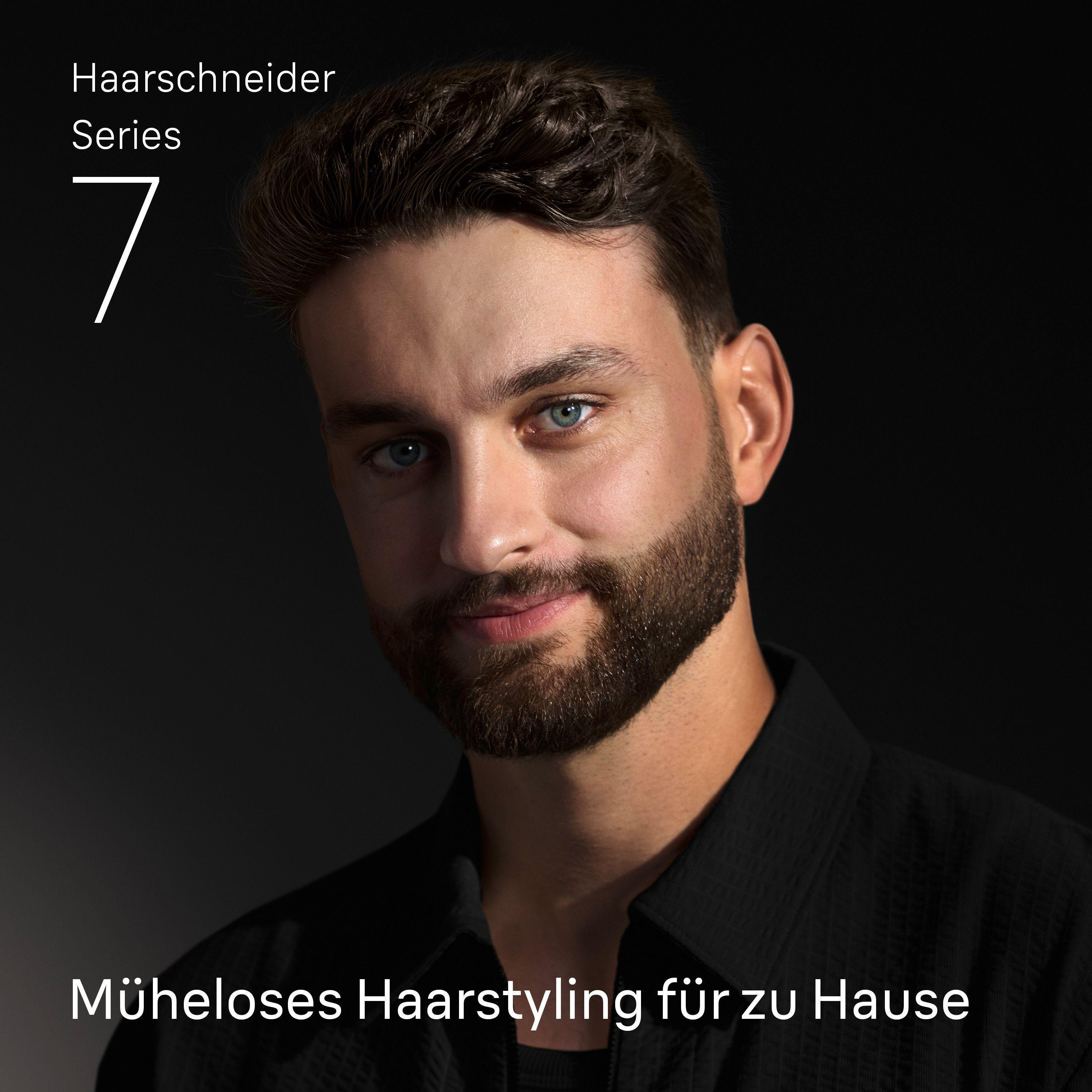 Mann mit Bart, Text "Haarschneider Series 7" und "Müheloses Haarstyling für zu Hause" auf dunklem Grund.