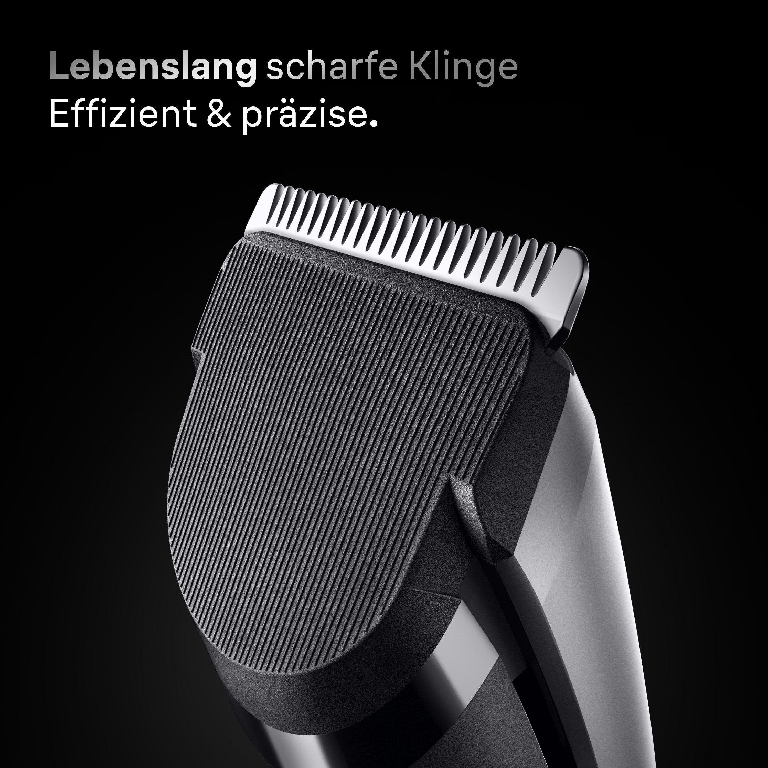 Nahaufnahme eines schwarzen und silbernen Elektrorasiererkopfes mit Text 'Lebenslang scharfe Klinge'.