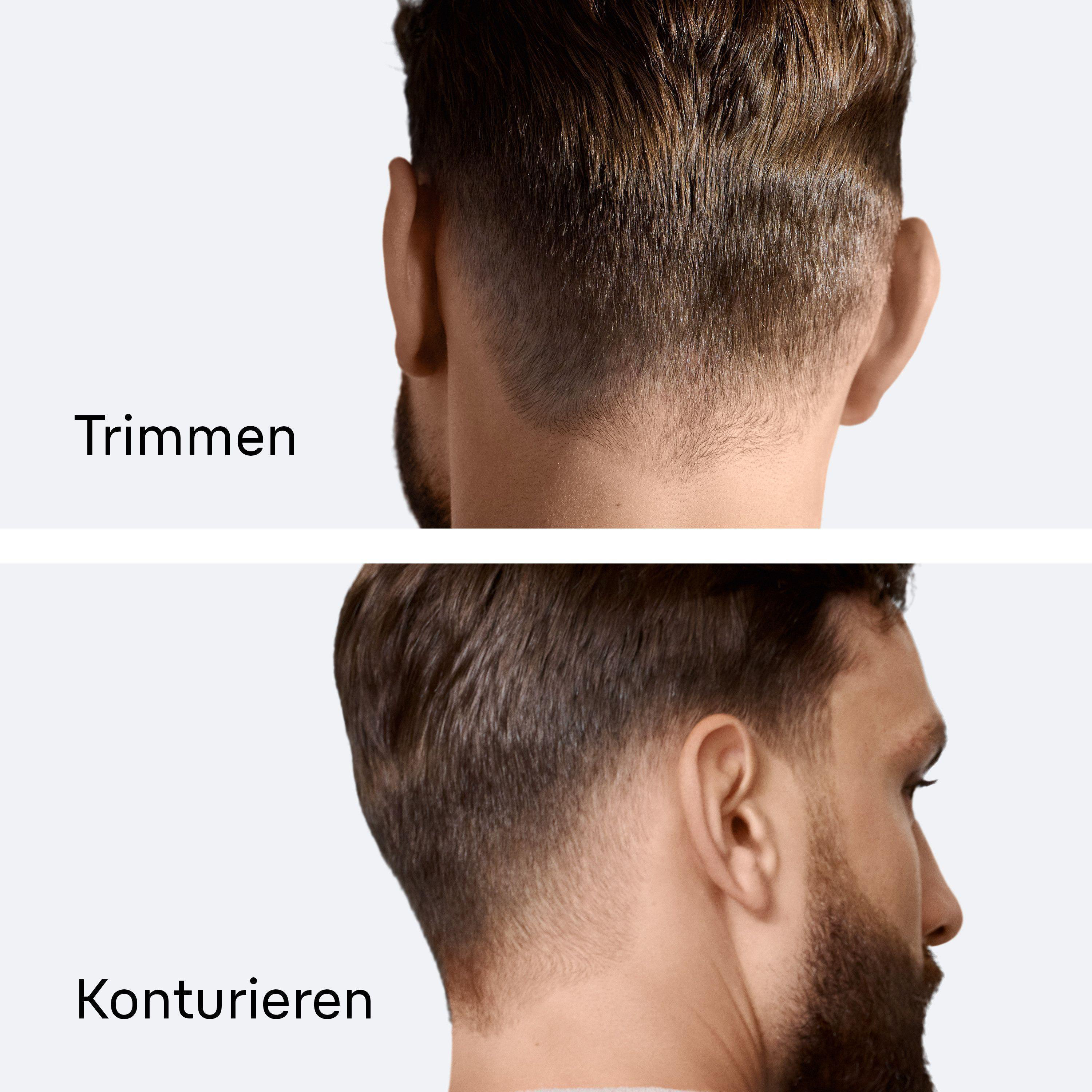 Zwei Bilder, die das unterschiedlich geschnittene Haar eines Mannes zeigen. Eines sagt 'Trimmen'.