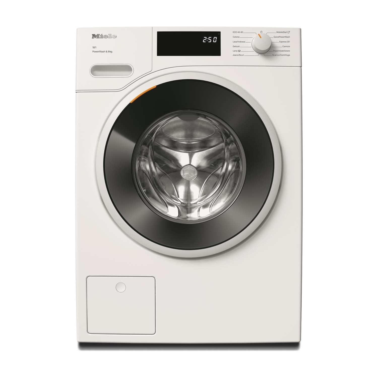 Lavatrice bianca con porta circolare nera. Il display mostra il tempo. Isolato su sfondo bianco.