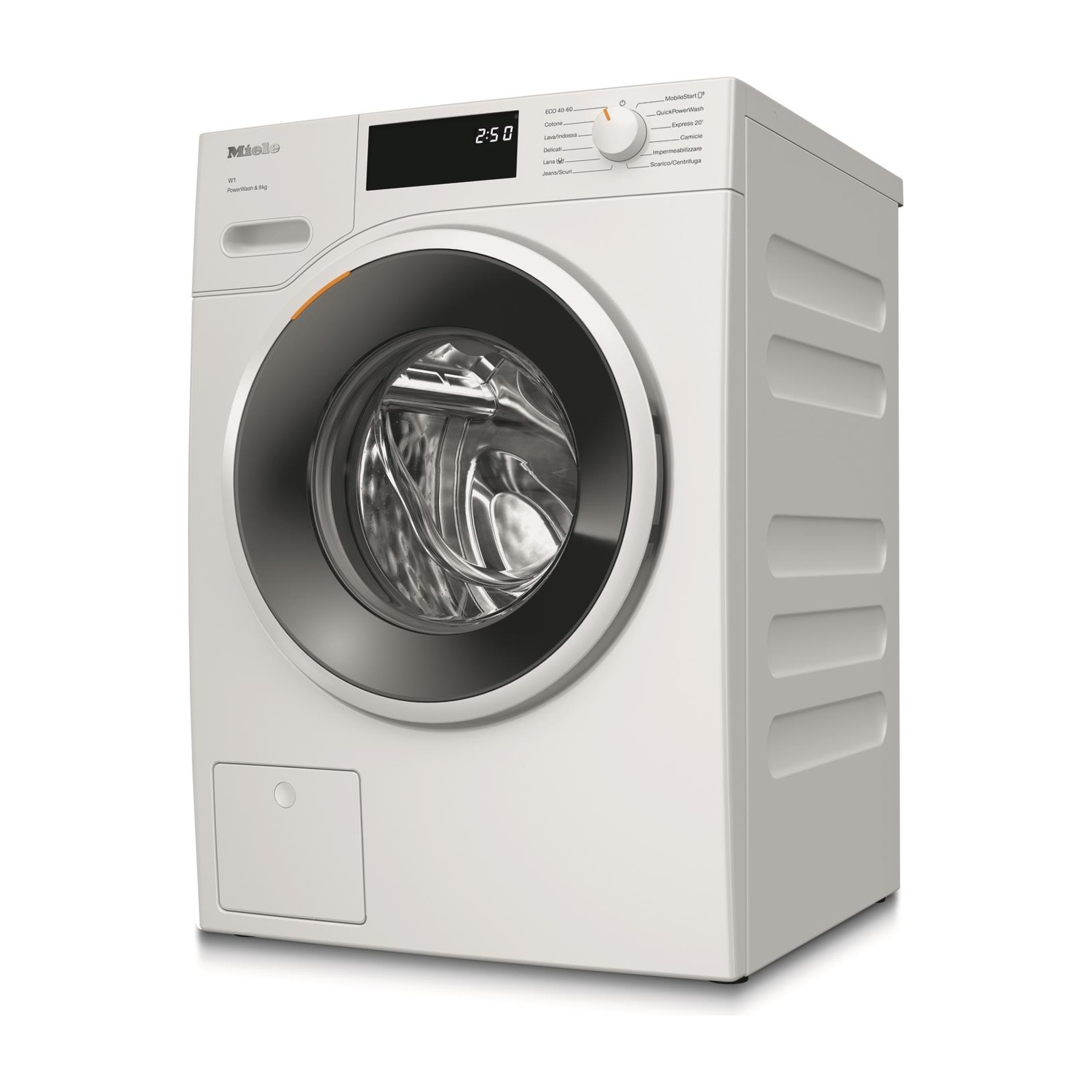 Una lavatrice Miele bianca con porta e pannello di controllo neri, vista da un angolo.