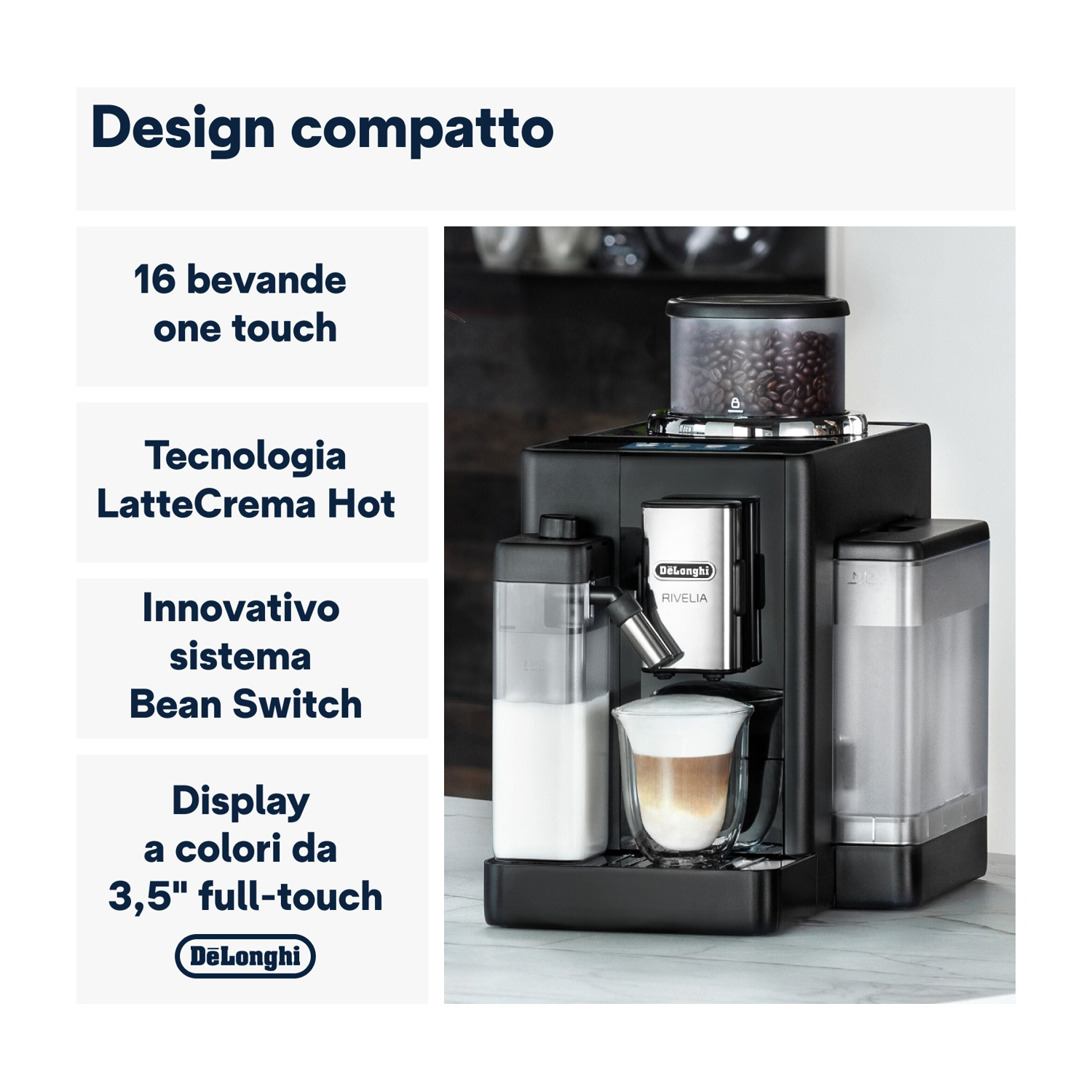 Una macchina da caffè DeLonghi nera con una tazza di caffè ed etichette.