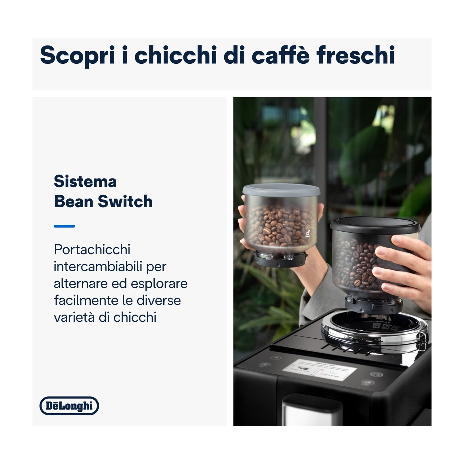 Due contenitori di chicchi di caffè e un sistema DeLonghi Bean Switch.