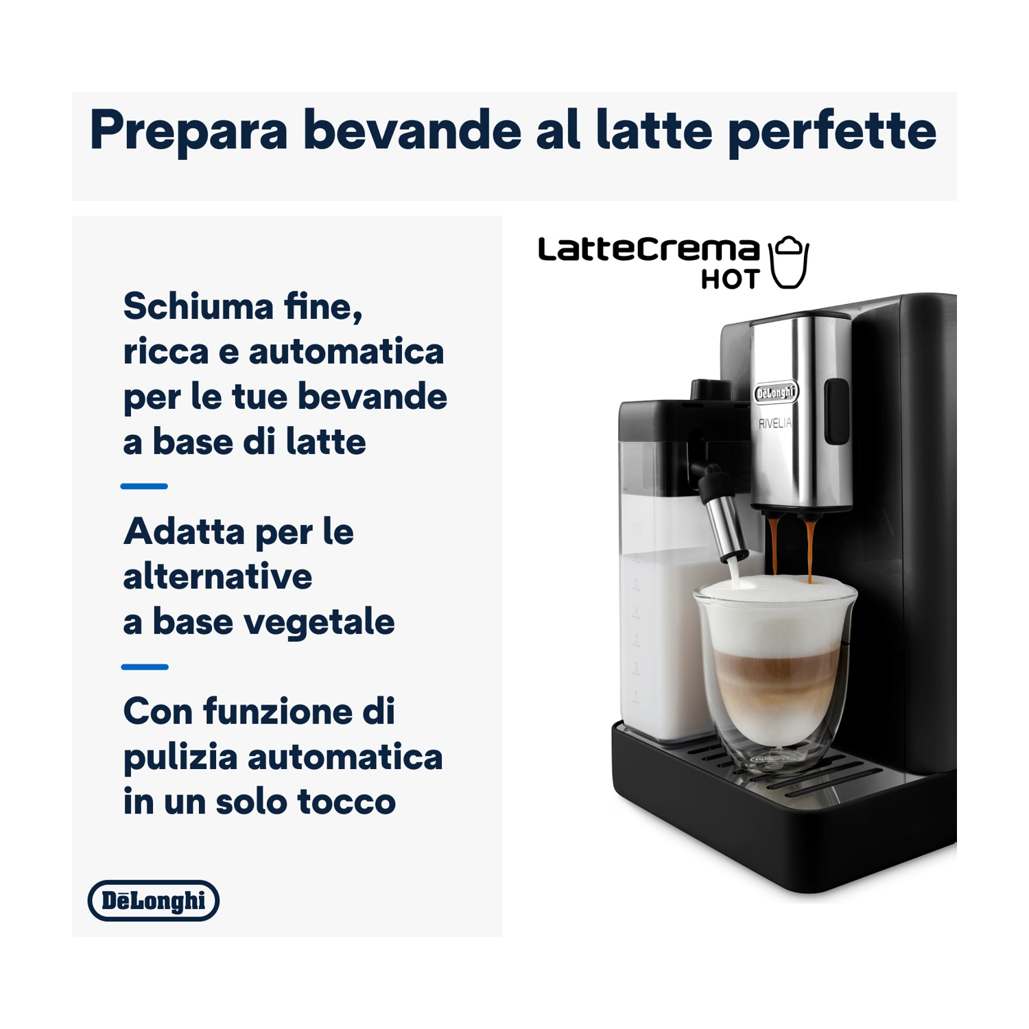 Macchina da caffè nera e argento con montalatte, bicchiere e testo.