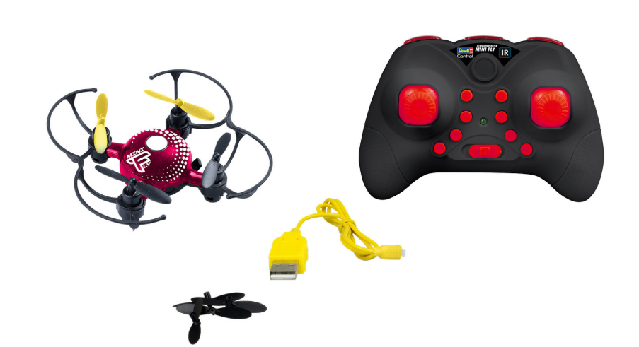 Eine rote und pinkfarbene Spielzeugdrohne mit einer schwarzen Fernbedienung und einem gelben USB-Kabel.