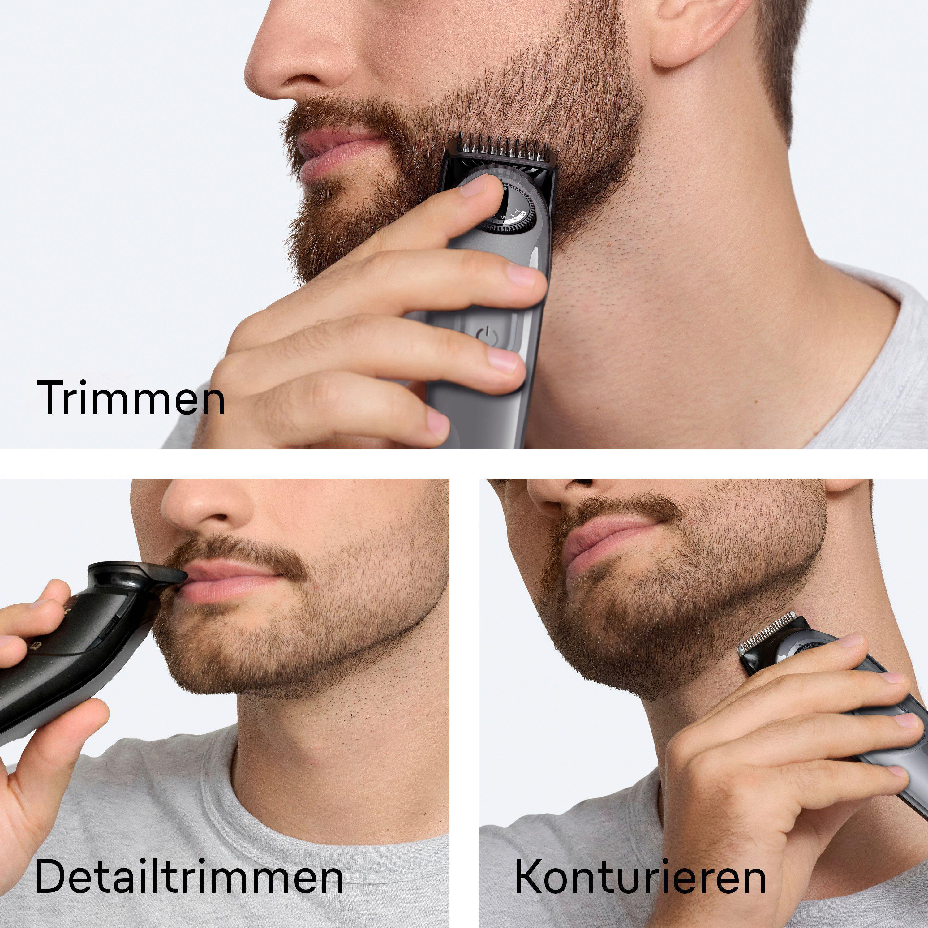 Drei Bilder, die einen Mann beim Trimmen, Detaillieren und Konturieren seines Bartes mit einem Trimmer zeigen.