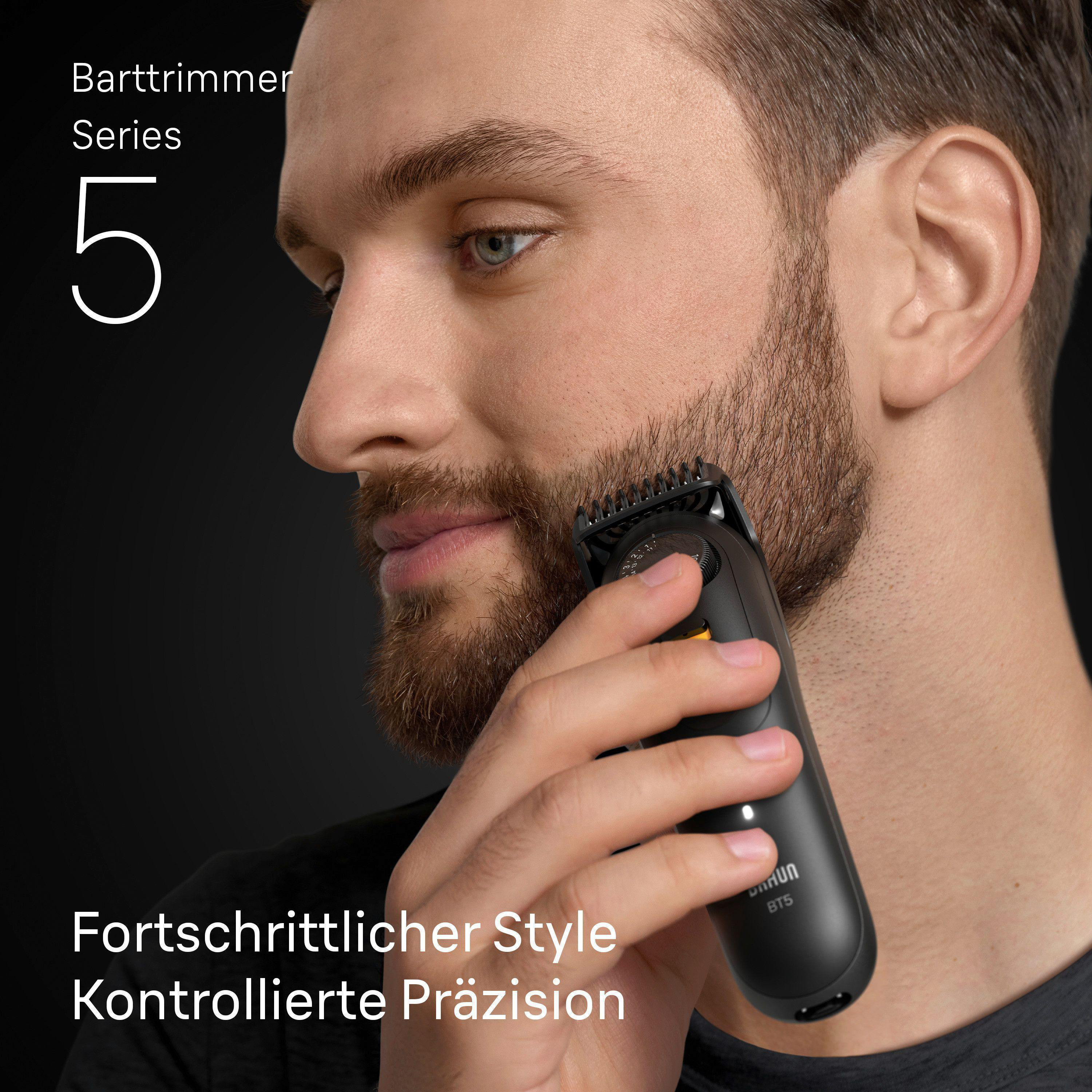 Ein Mann, der seinen Bart mit einem schwarzen Trimmer schneidet.