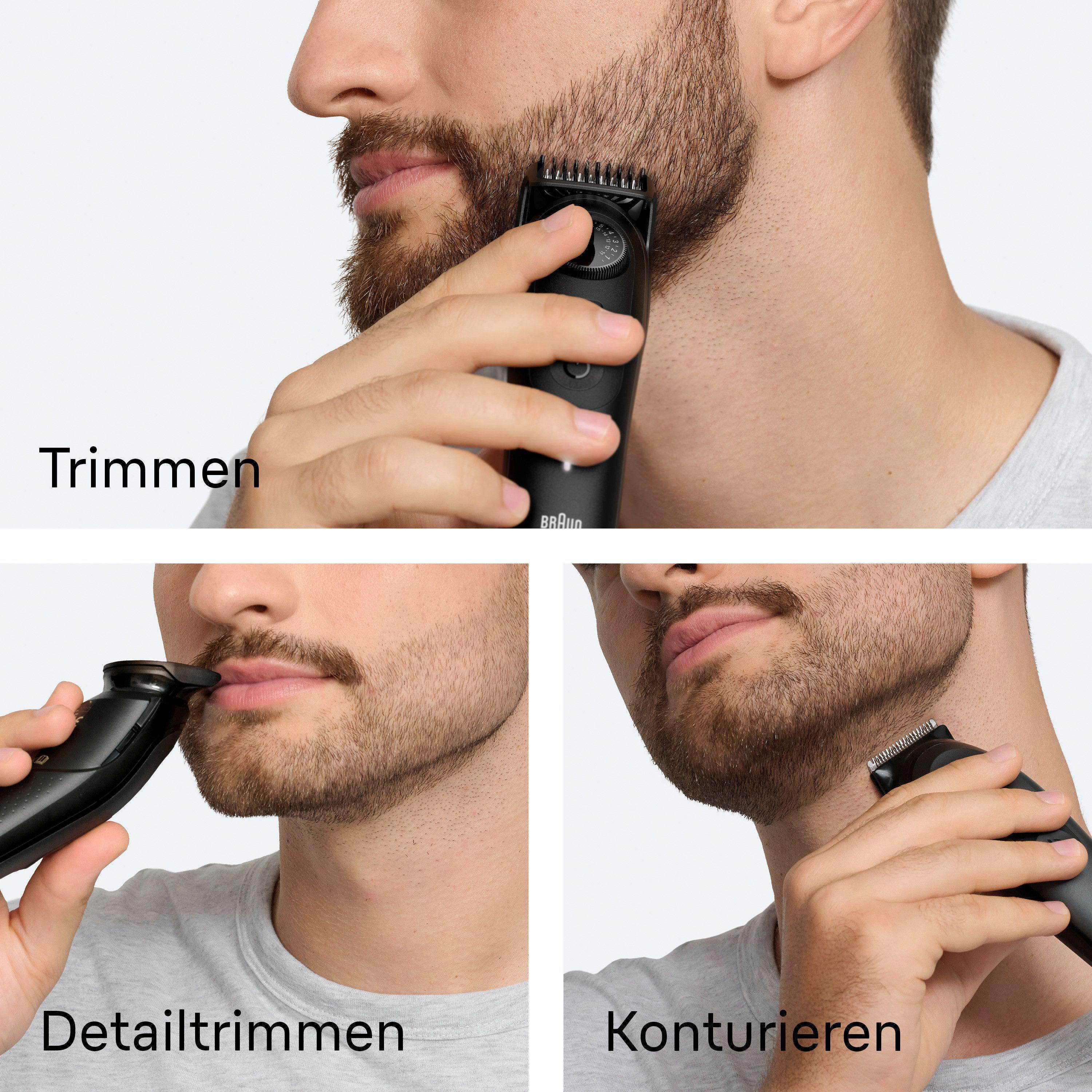 Ein Mann benutzt einen Bartschneider. Das Bild zeigt Trimmen, Detailtrimmen und Konturieren.