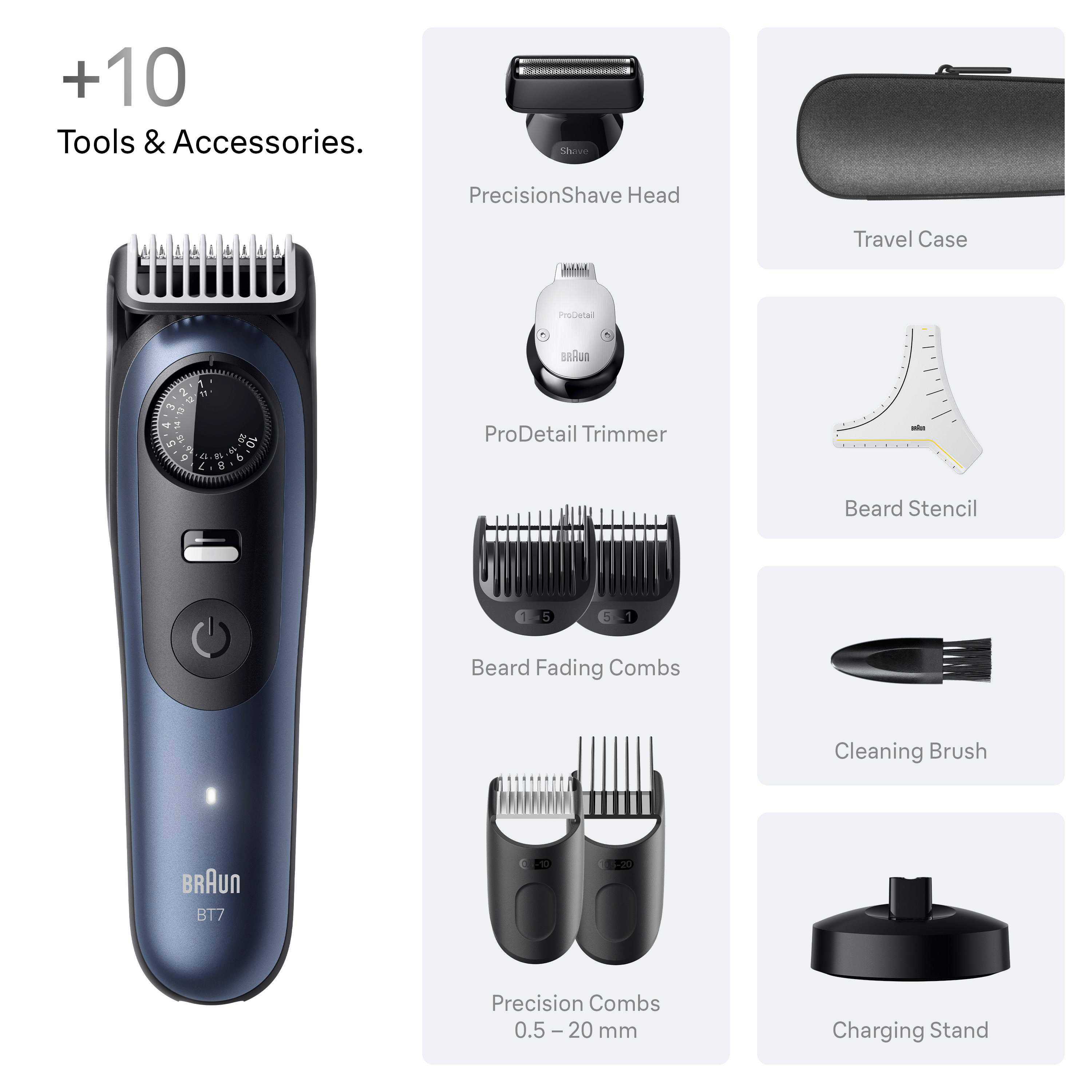Eine Bedienungsanleitung für einen Braun BT9 Barttrimmer, die den Trimmer und das Zubehör zeigt.