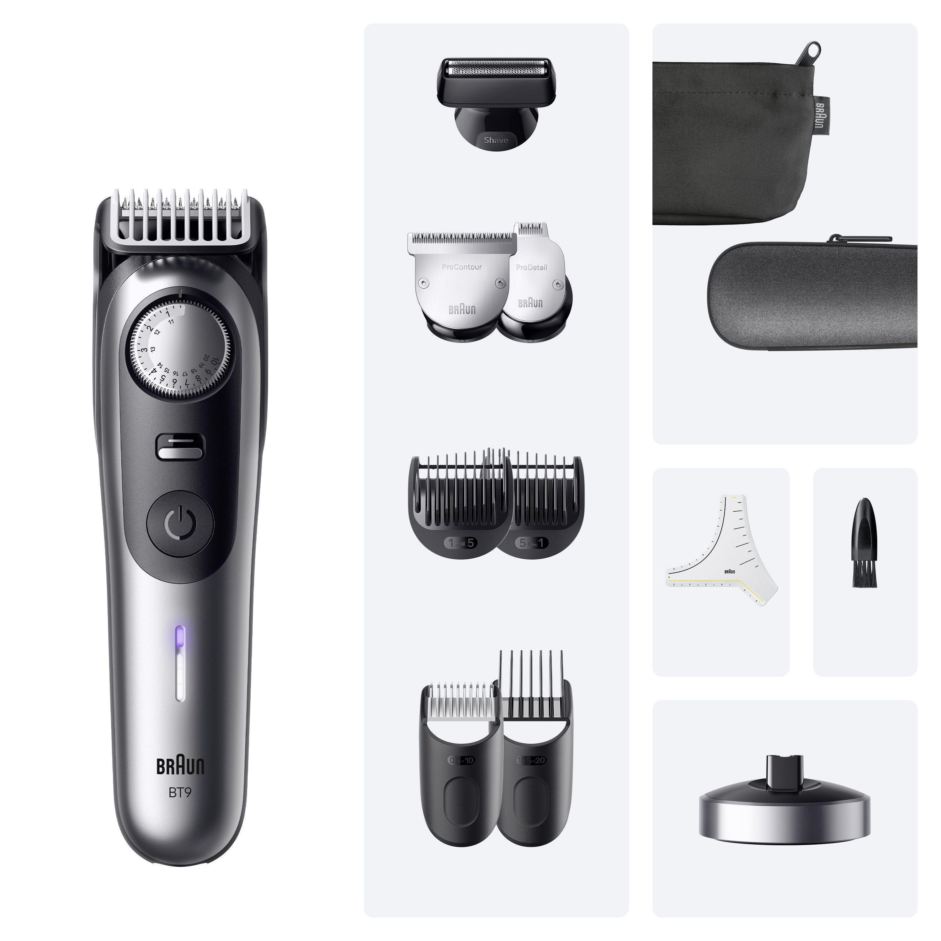 Braun BT9 Barttrimmer mit verschiedenen Aufsätzen. Er hat einen Einschalter und einen Längenregler.