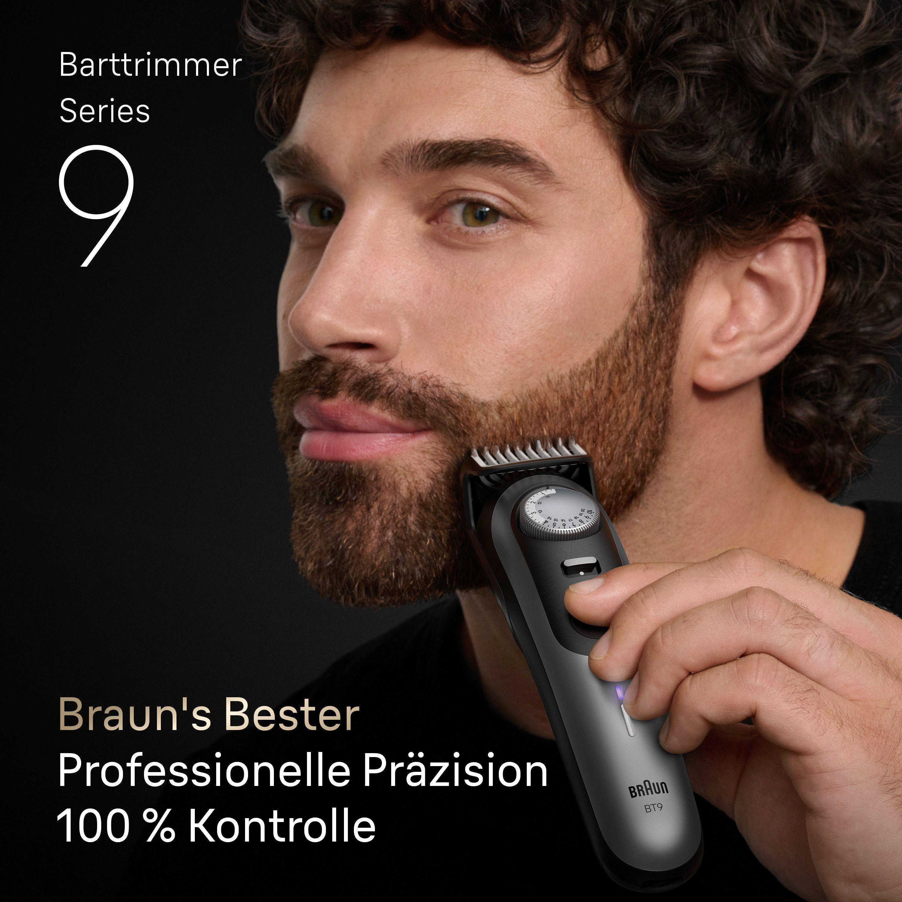 Ein Mann benutzt einen Barttrimmer. Text sagt 'Braun's Bester' und 'Professionelle Präzision 100% Kontrolle'.