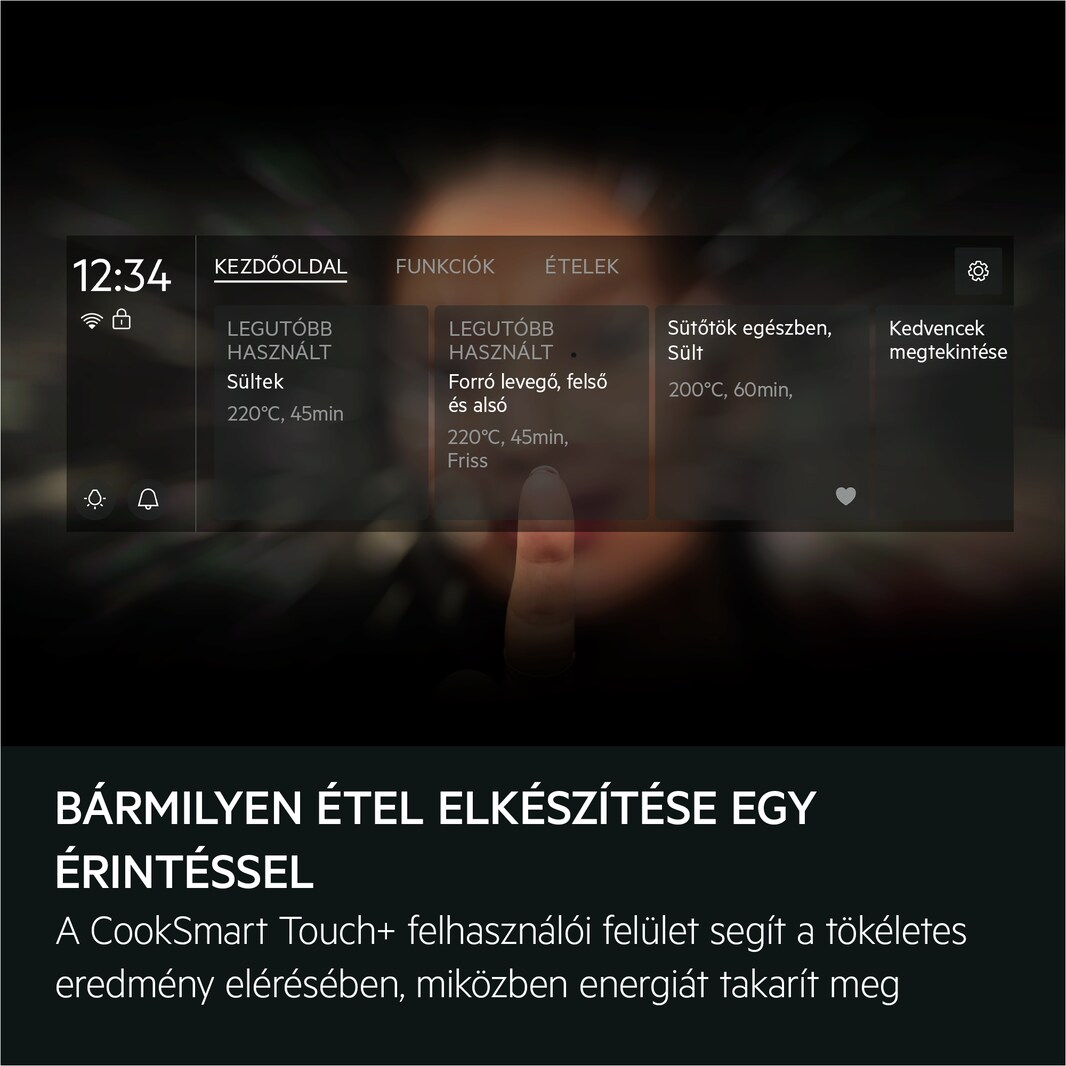 Érintőképernyő főzési opciókkal és egy ujj érinti a képernyőt, interakciót jelezve.