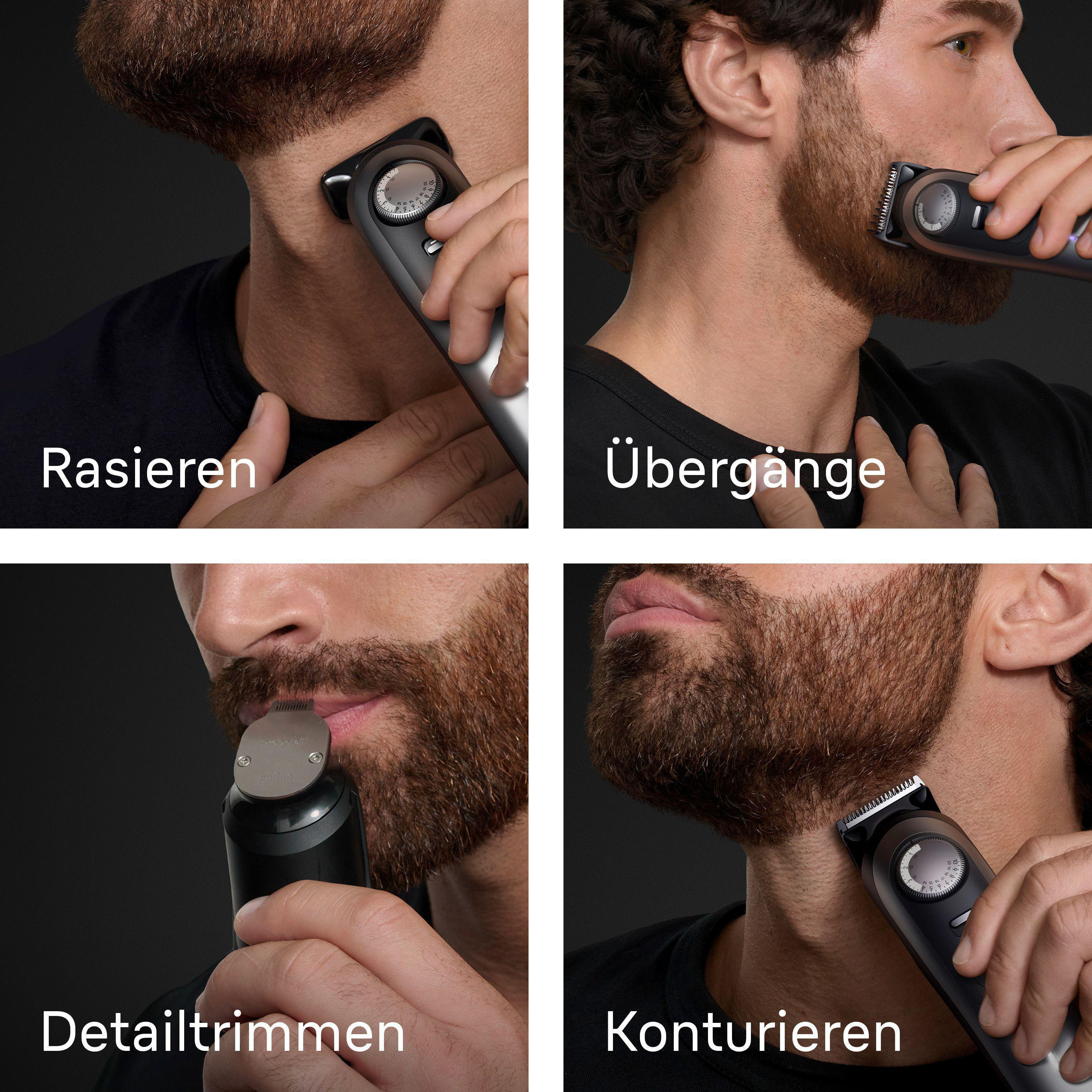 Vier Bilder mit Bartpflege-Schritten: Rasieren, Übergänge, Detailtrimmen, Konturieren.