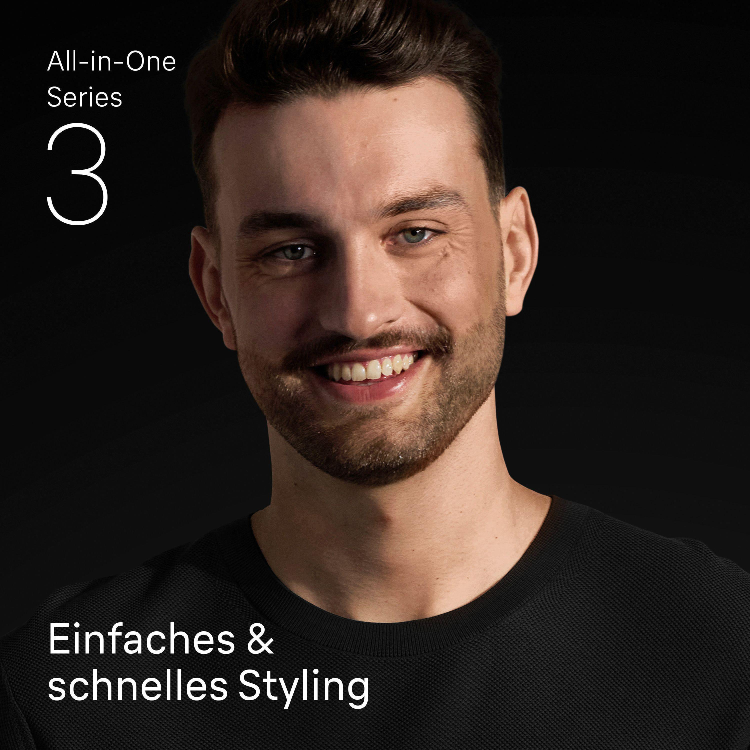 Ein lächelnder Mann mit Bart, mit dem Text 'All-in-One Series 3' und 'Einfaches & schnelles Styling'.