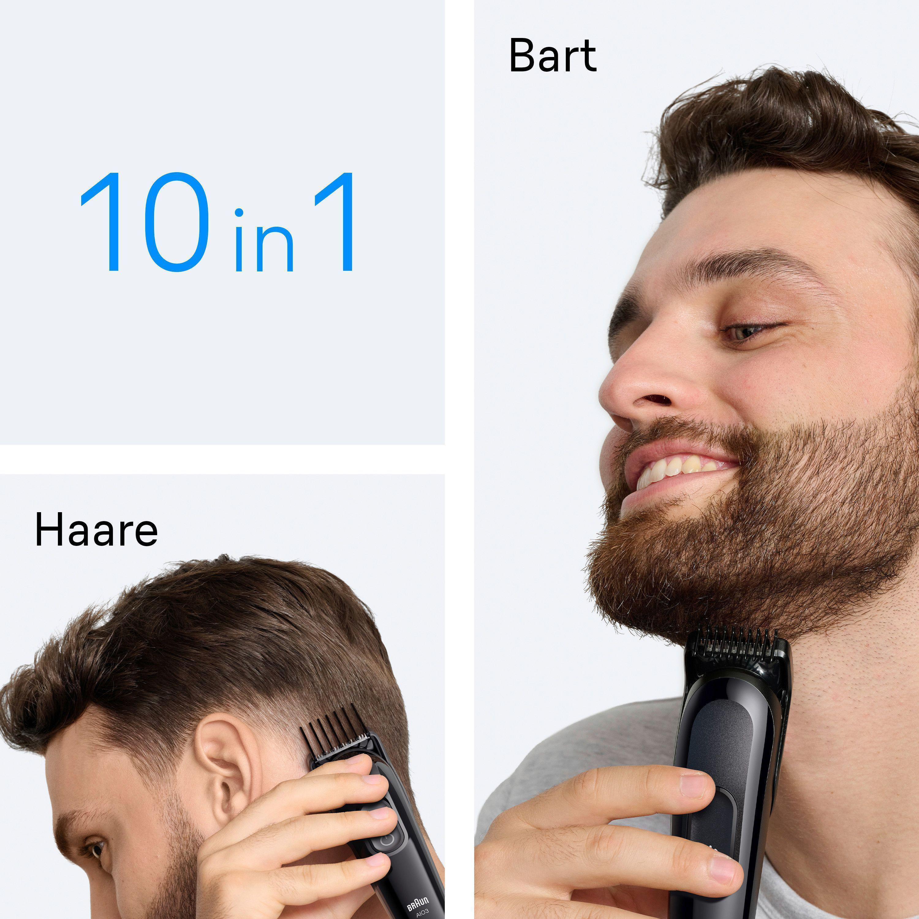 Ein Mann rasiert seinen Bart, Text: 10 in 1; Text: Haare und Bart.