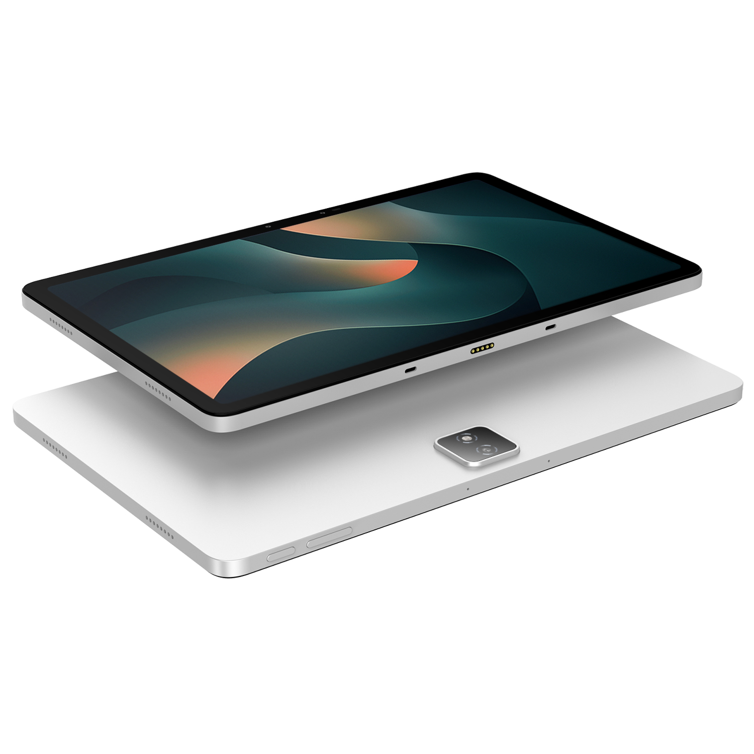 Biri diğerinin üzerine yığılmış iki beyaz tablet cihaz.