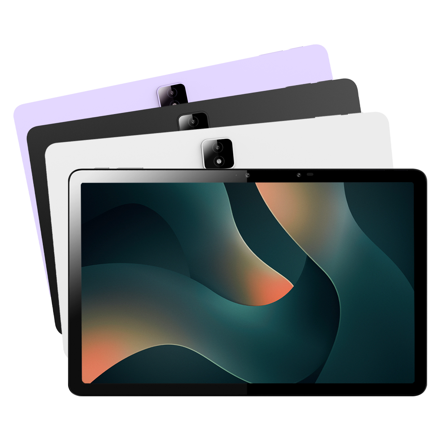Çeşitli renklerde yığılmış tablet cihazları. Öndeki tablette siyah ekran.