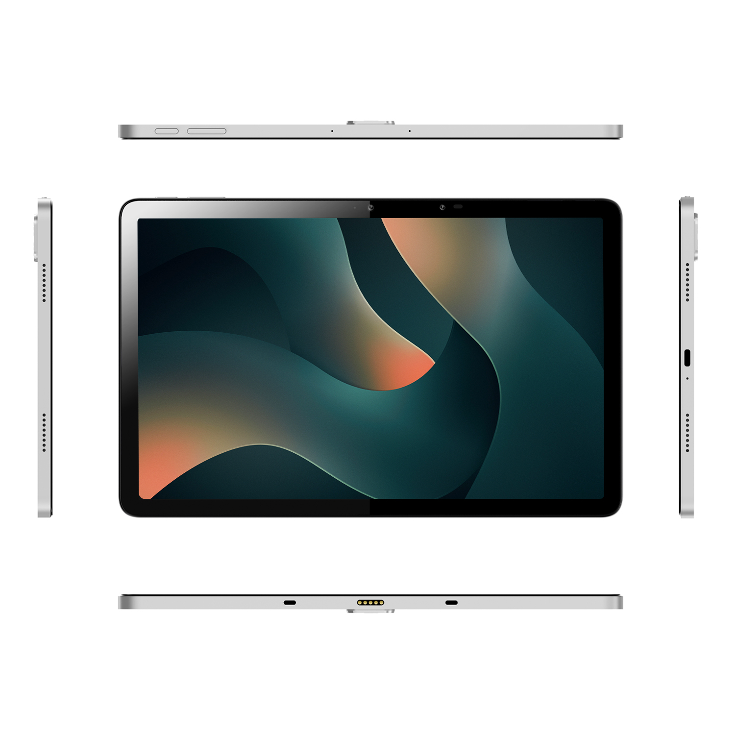 Gümüş bir tablet bilgisayar, birden fazla açıdan gösteriliyor: üst, alt, yanlar ve önden görünüm.