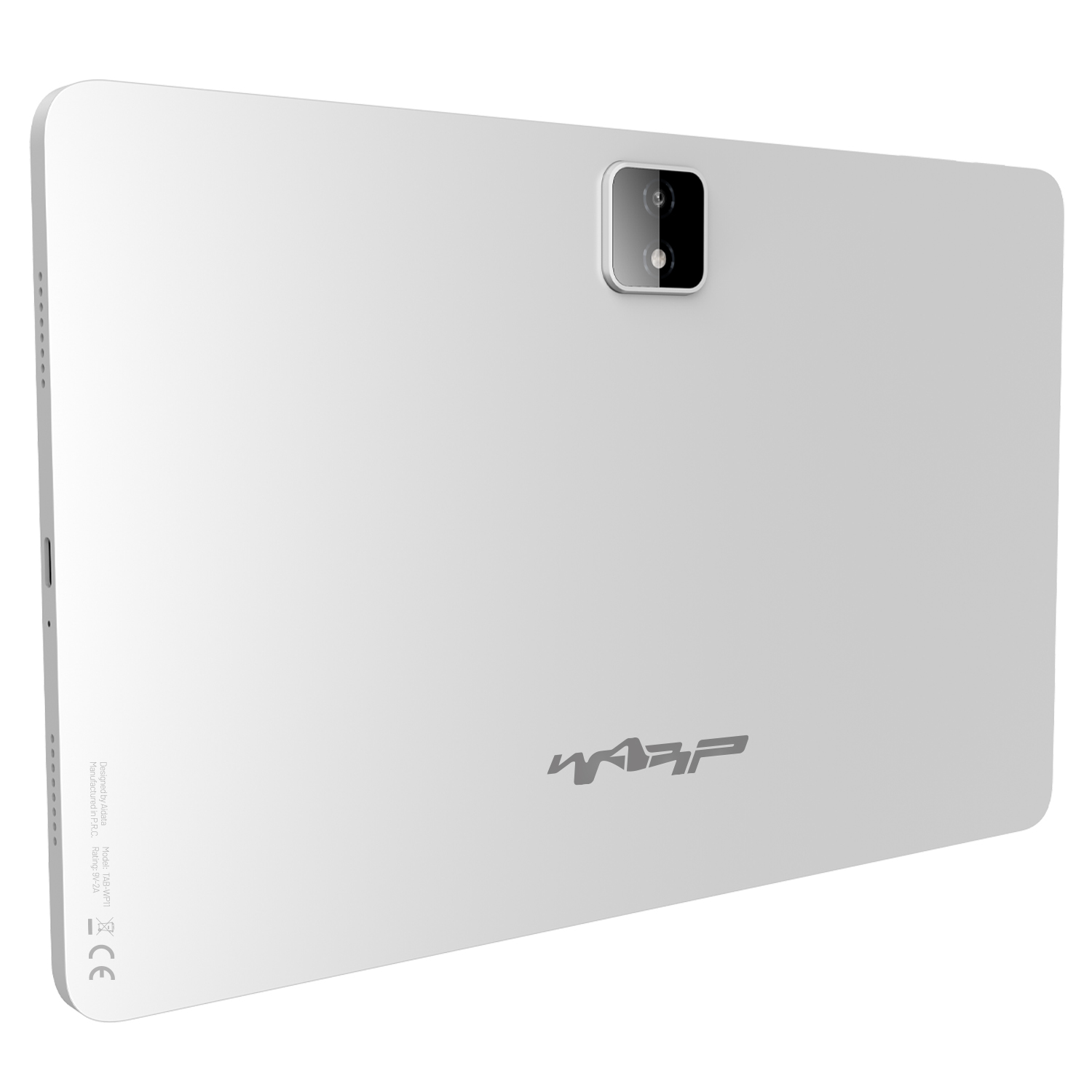 Beyaz tablet, arka görünüm, kamera, logo ve yuvarlak köşelerle.
