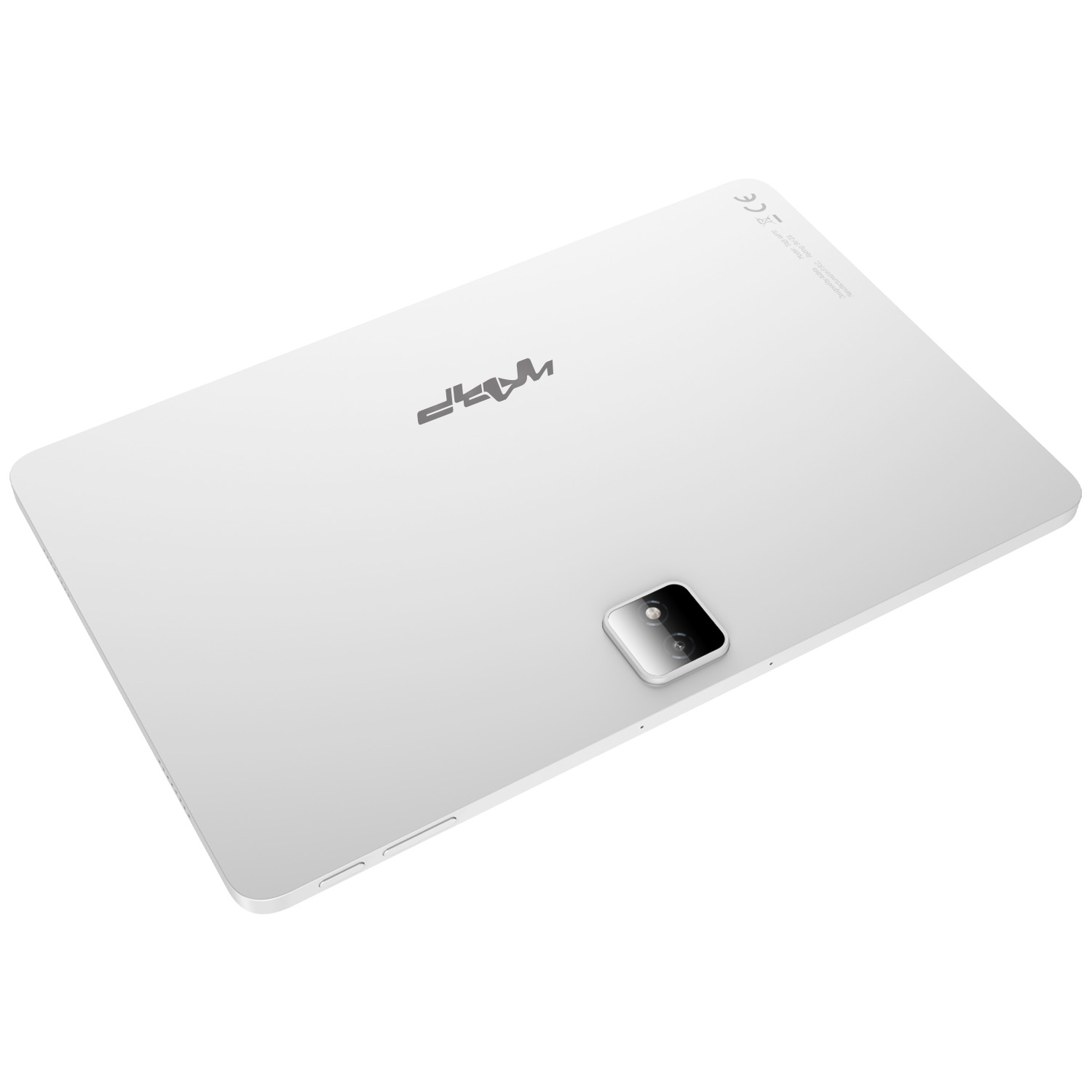 Arka tarafı ve kamerası görünen beyaz tablet.
