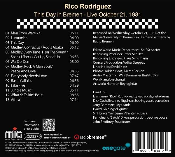 Dokument mit Text über Rico Rodriguez' Live-Auftritt, einschließlich einer Liste von Songs und Credits.