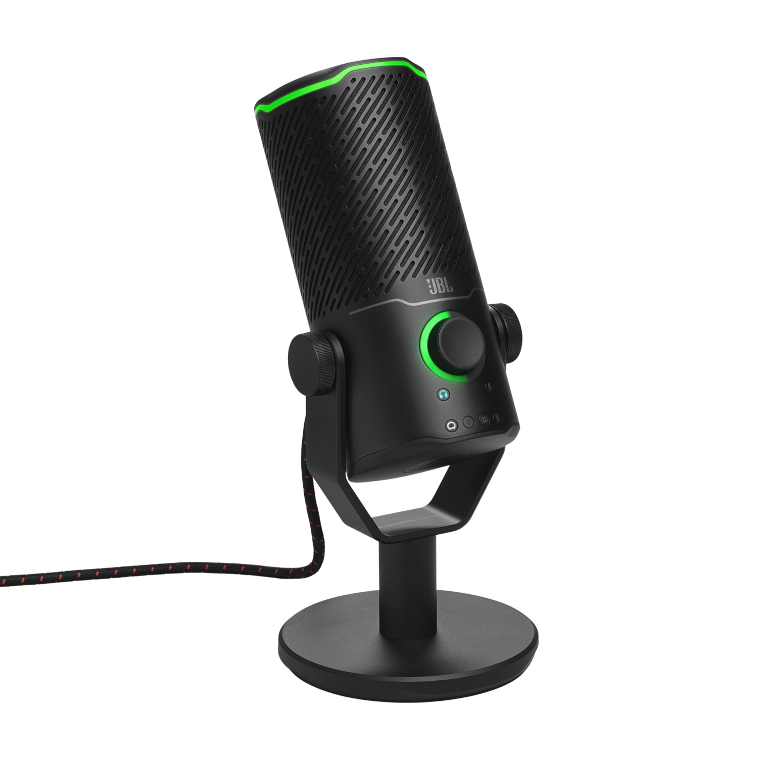 Zwarte JBL-microfoon op een standaard. Het heeft een groene lichtring en een kabel.