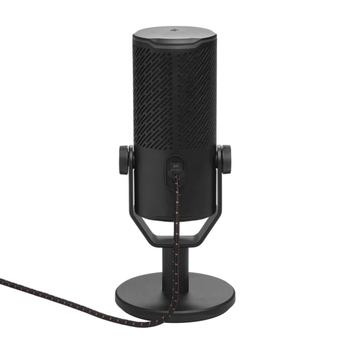 Zwarte microfoon met een standaard en een kabel.