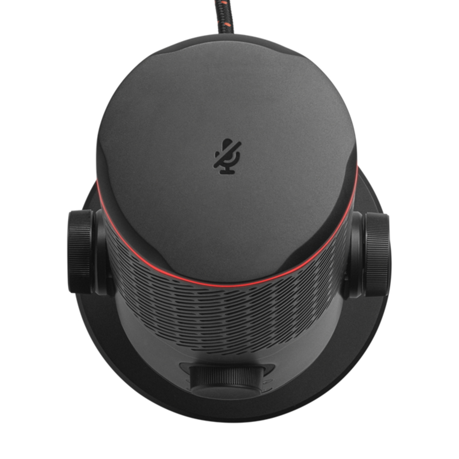 Zwarte microfoon van bovenaf. De microfoon heeft een mute-knop, een rode ring en draaiknoppen.