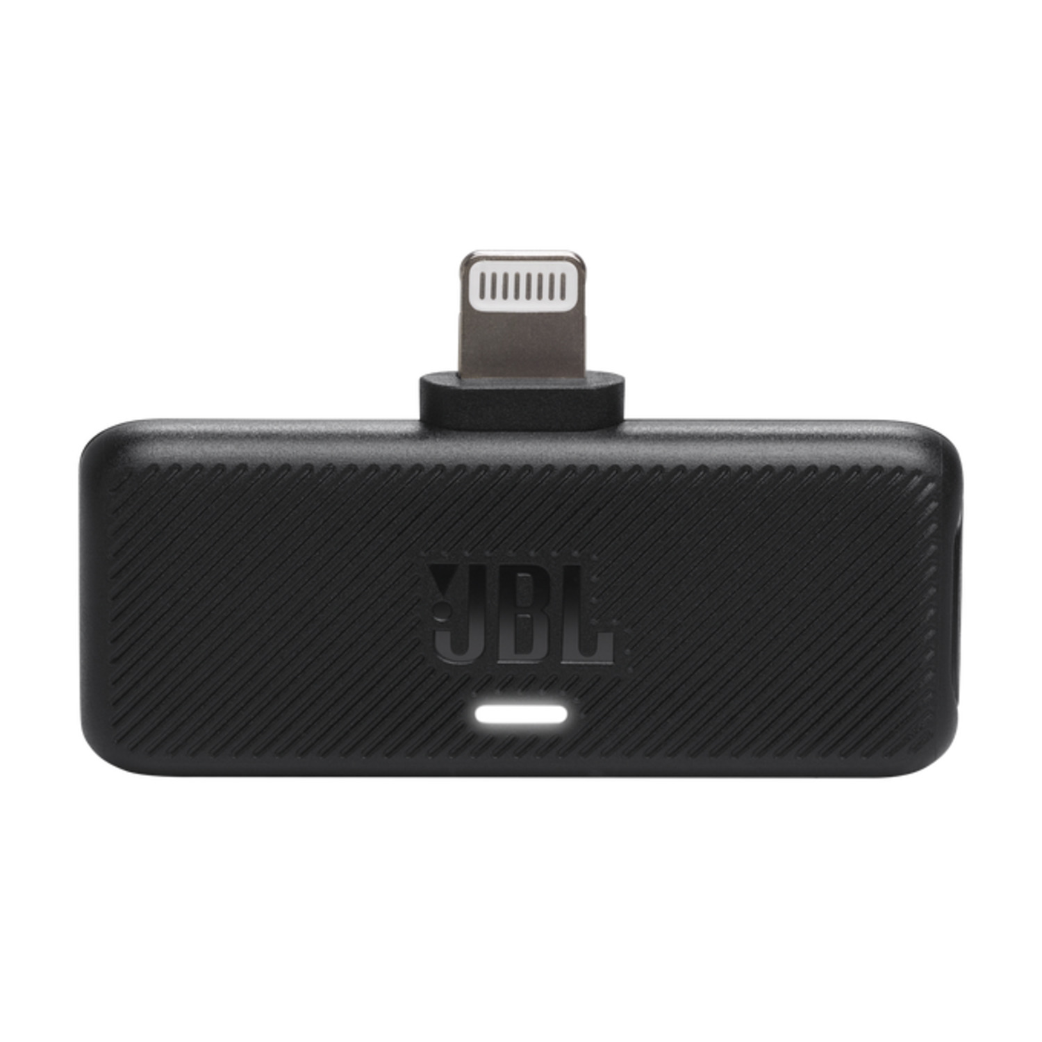 Zwarte JBL Lightning naar 3,5 mm adapter. Een witte LED brandt.