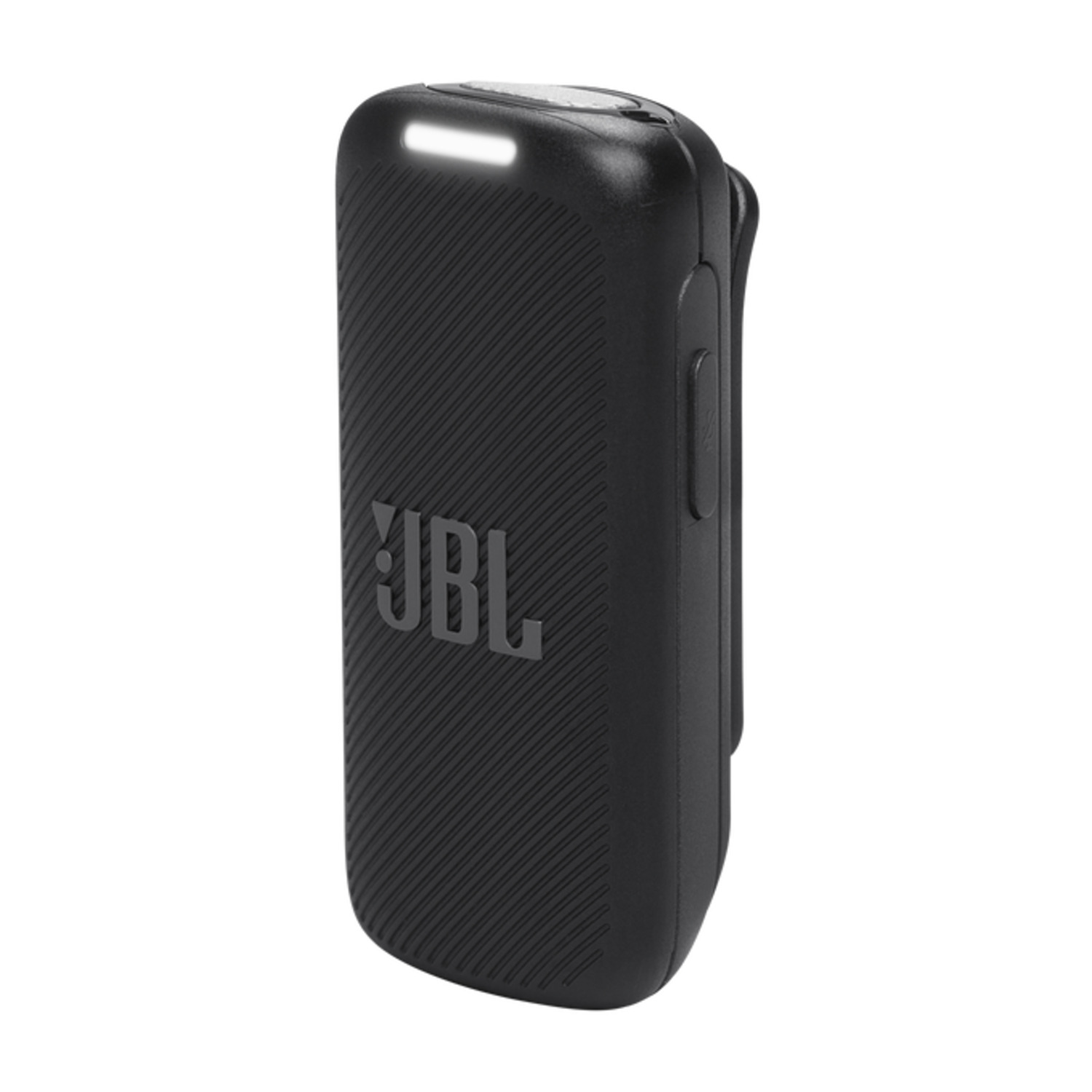 Zwarte JBL clip-on speaker met wit licht bovenop. Getextureerd oppervlak. Witte achtergrond.