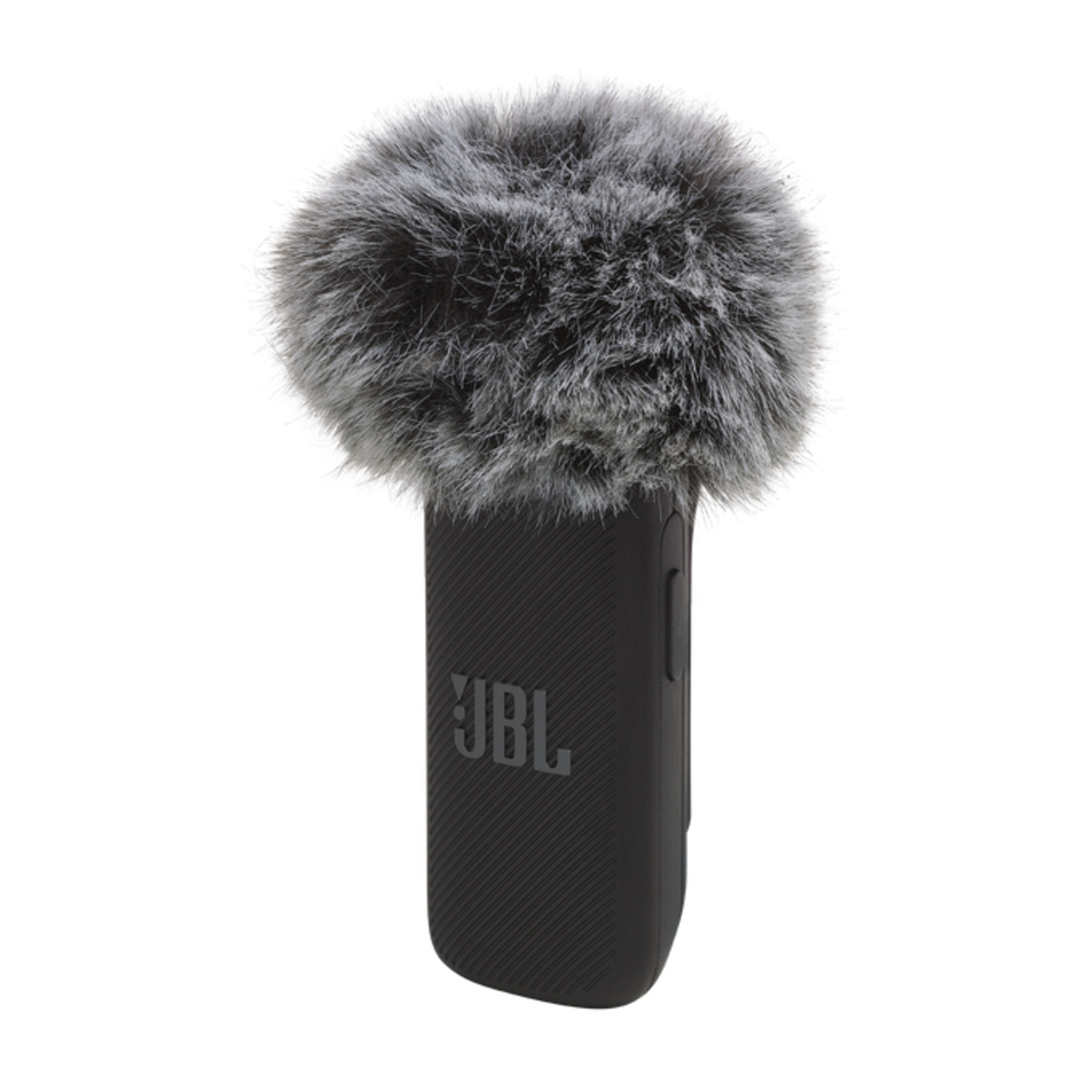 Zwarte microfoon met een harige grijze hoes. De microfoon heeft 'JBL' erop gedrukt.