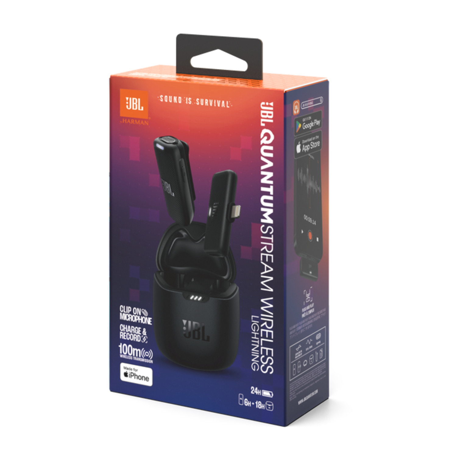 Doos van JBL Quantum Stream Wireless Lightning. Clip-on microfoon. Zwart en rood ontwerp. Witte achtergrond.