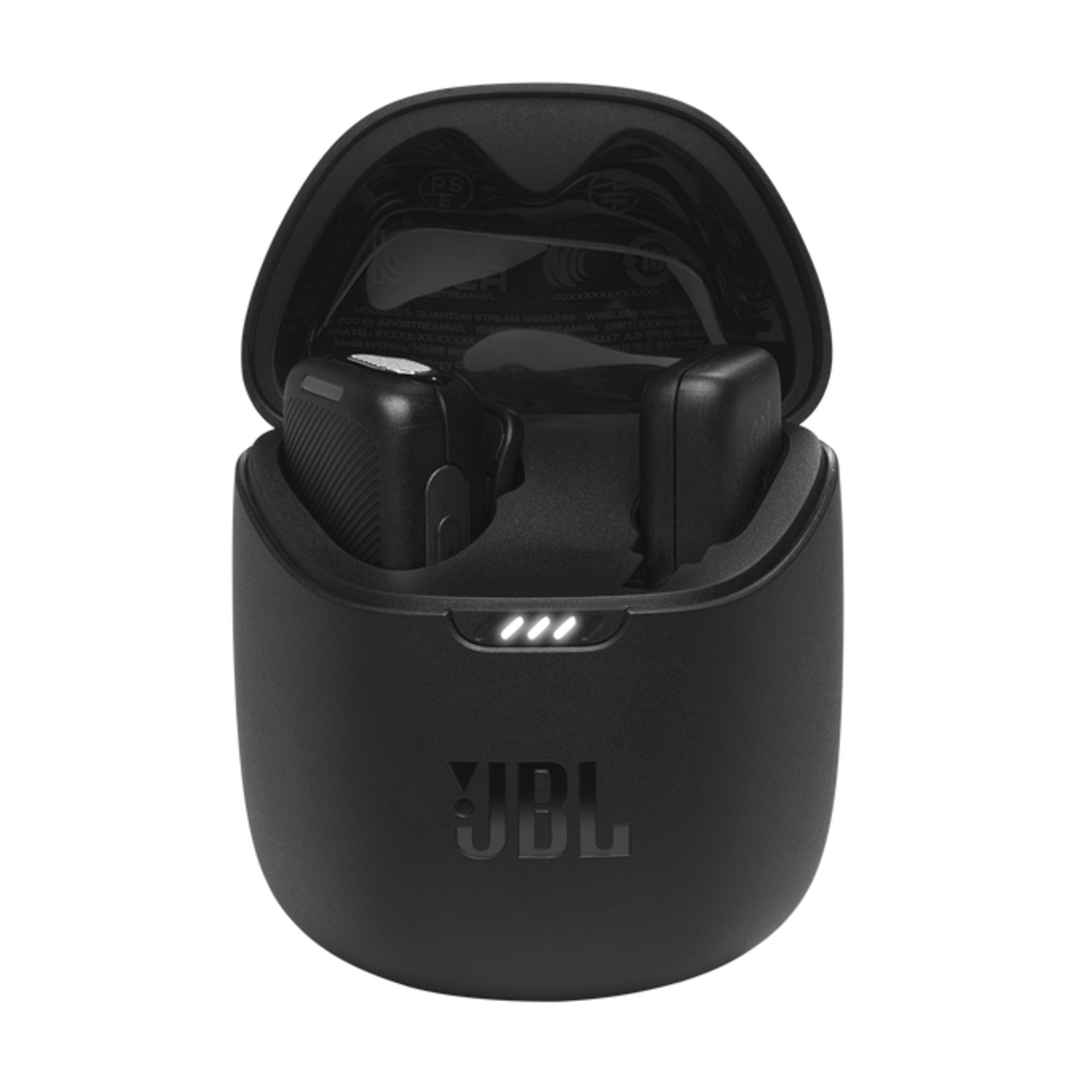 Een zwarte oplaadcase voor JBL-oordopjes, met drie witte indicatielampjes en het JBL-logo.