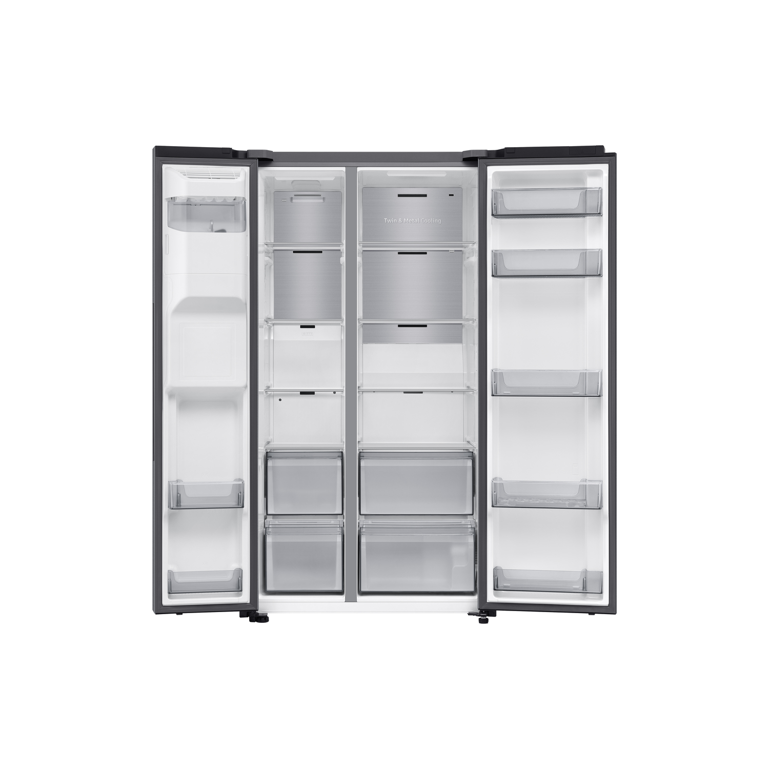Koelkastinterieur. Planken en laden zichtbaar. Rvs en witte kleuren. Witte achtergrond.