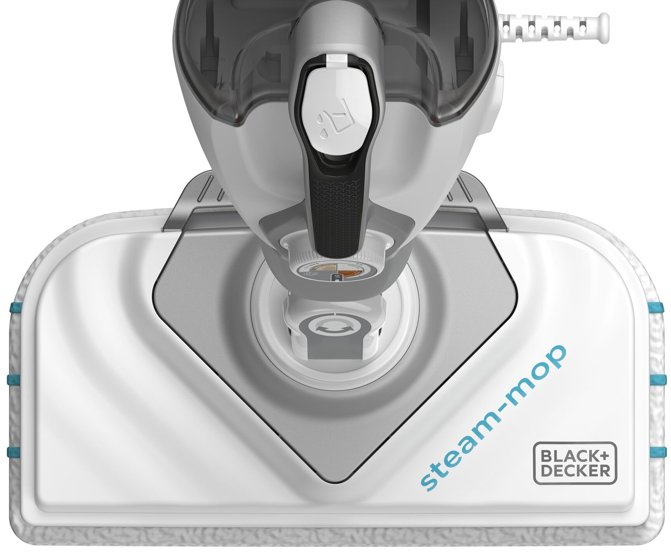 Vue rapprochée d'un balai vapeur blanc avec les mots steam-mop en bleu.