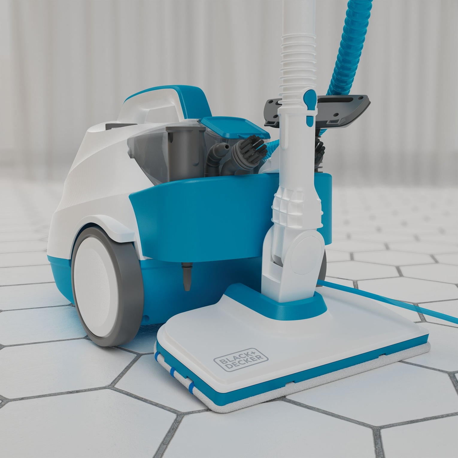 Pulitore a vapore su pavimento piastrellato bianco. Design blu e bianco. Mostra la testina e il serbatoio.