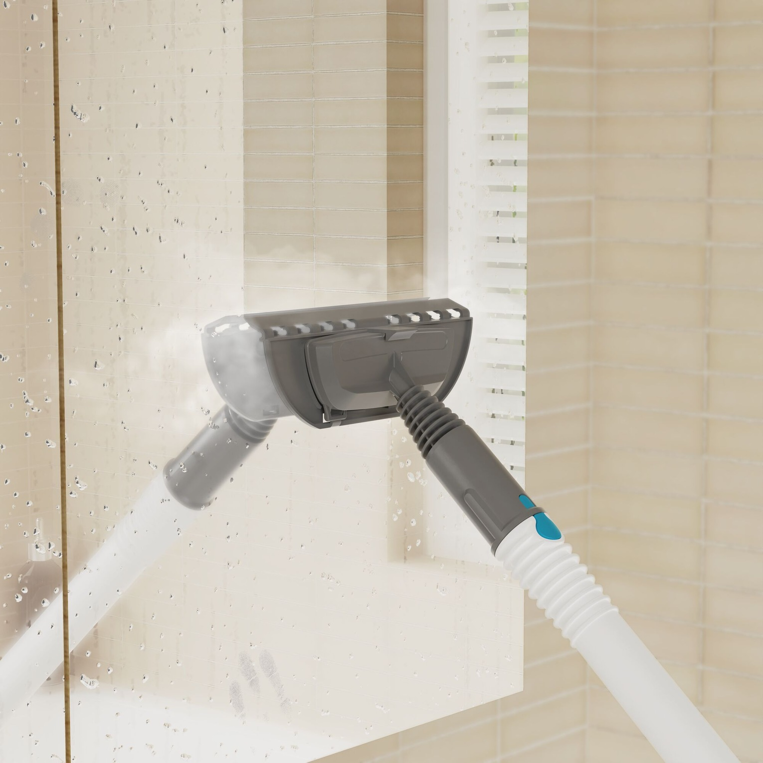 Un vaporizzatore che pulisce una superficie vetrata. Il vaporizzatore ha una testa grigia e un manico bianco.
