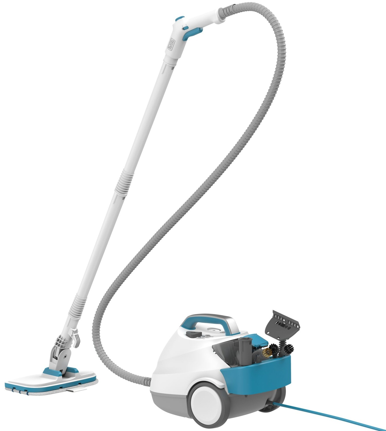 Pulitore a vapore bianco e blu con accessori, su sfondo bianco.