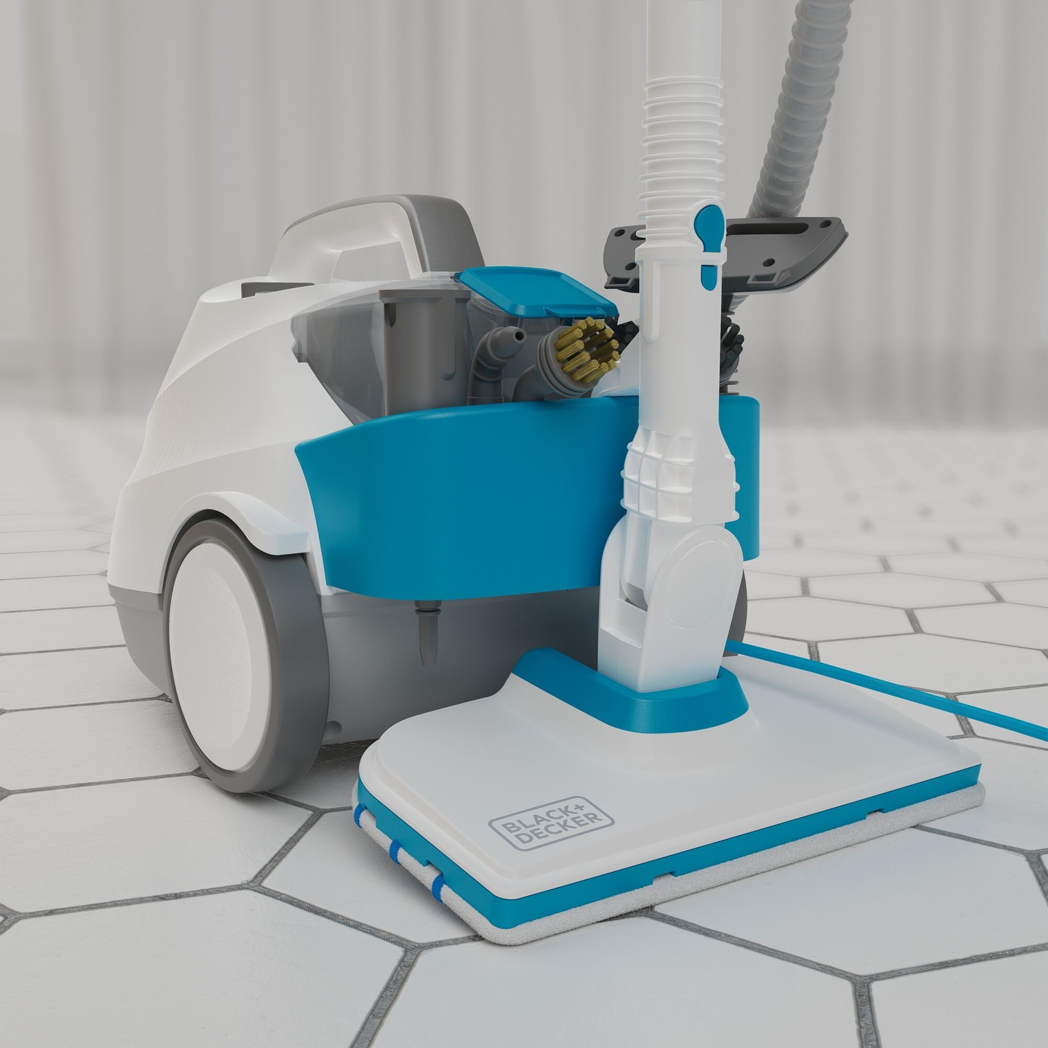 Un pulitore a vapore bianco e verde acqua su un pavimento piastrellato. Ha un serbatoio dell'acqua blu e una testina bianca.